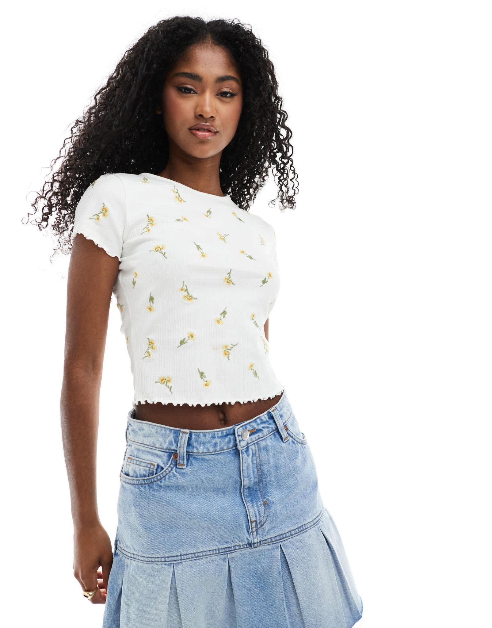 Miss Selfridge embroidered short sleeve ribbed lettuce edge t-shirt - ASOS Sample Sale
