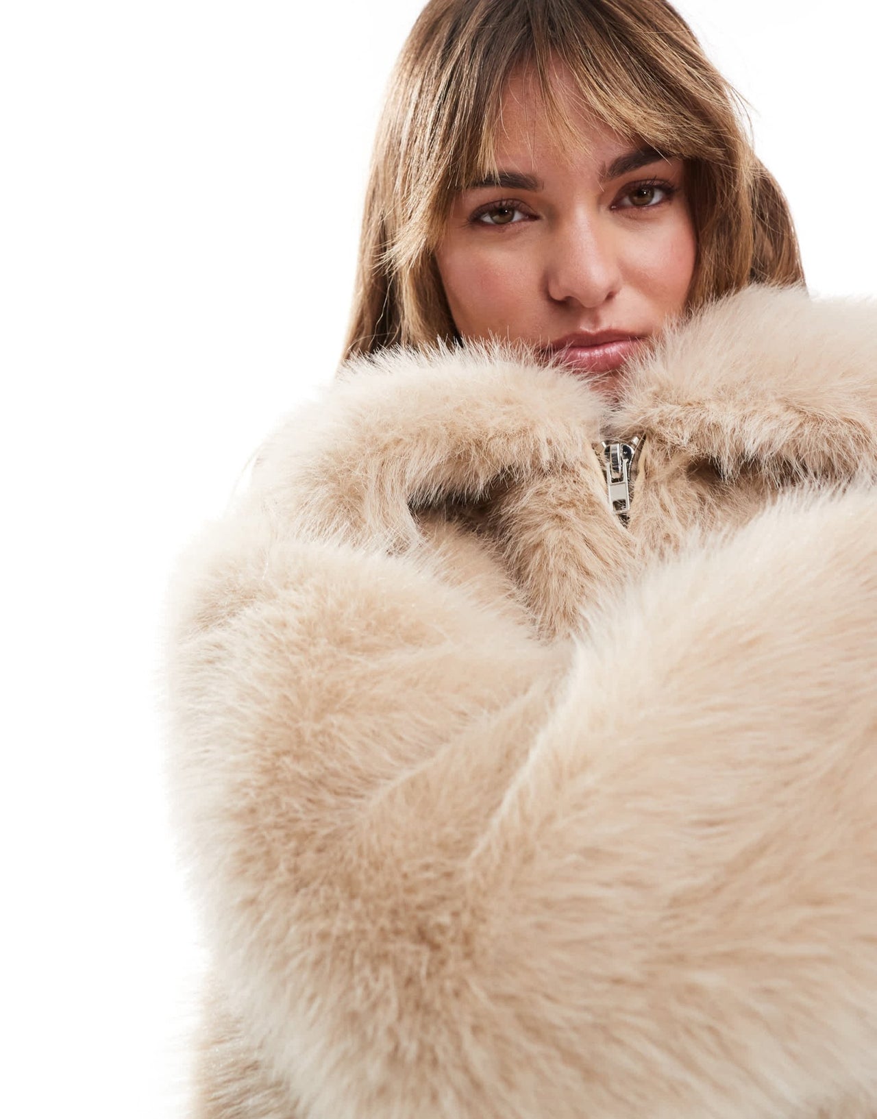 Miss Selfridge faux fur bomber jacket with collar in stone - ASOS Sample Sale
