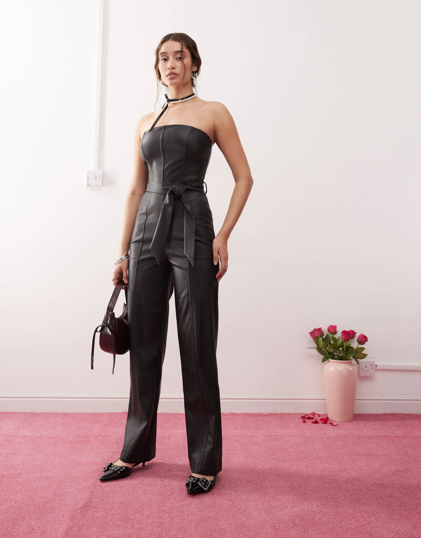Miss Selfridge faux leather bandeau belted jumpsuit in black - ASOS Sample Sale
