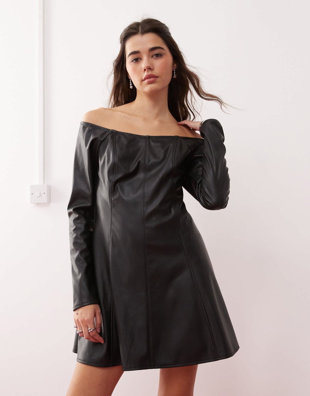 Miss Selfridge faux leather bardot fit & flare mini dress - ASOS Sample Sale