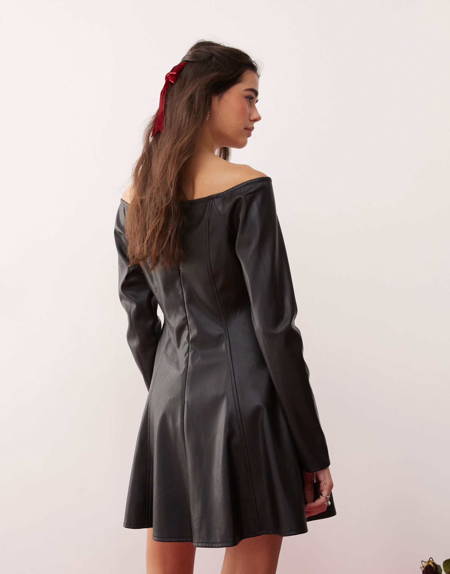Miss Selfridge faux leather bardot fit & flare mini dress - ASOS Sample Sale