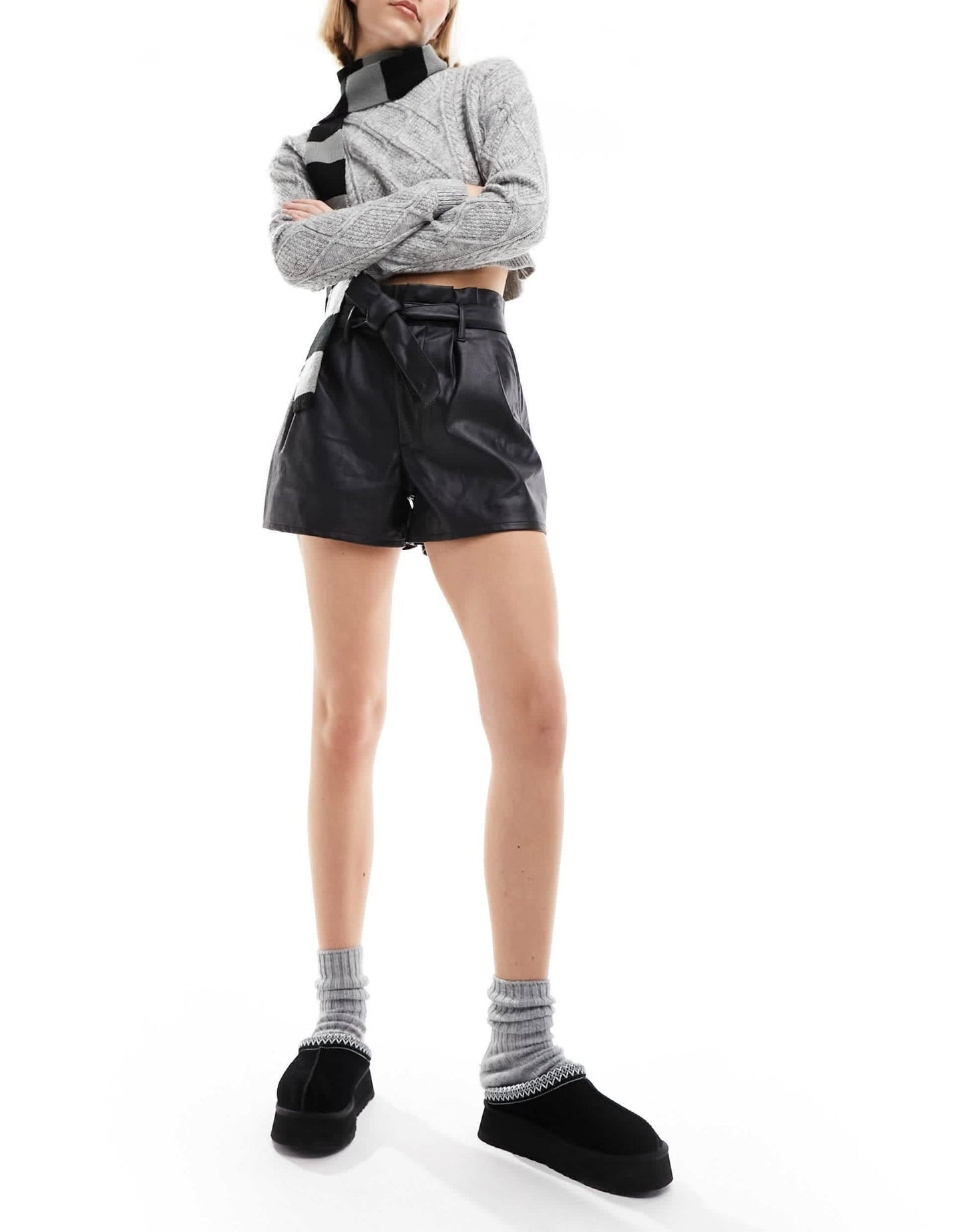 Miss Selfridge faux leather belted short in black - ASOS Sample Sale