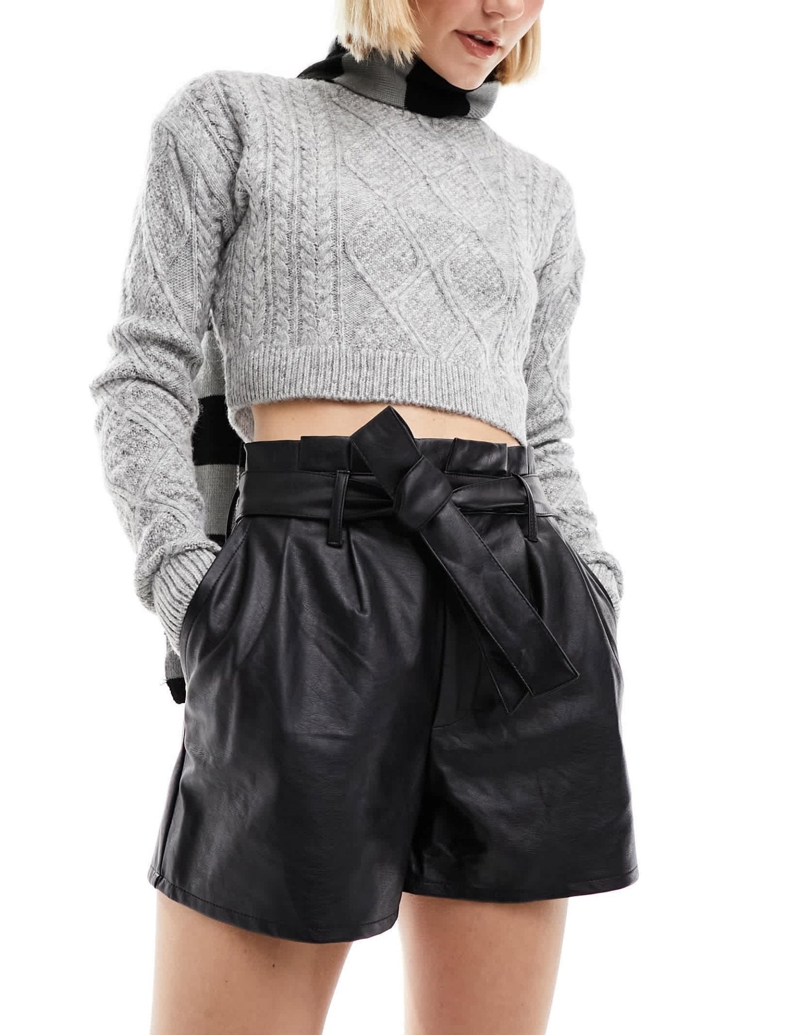 Miss Selfridge faux leather belted short in black - ASOS Sample Sale