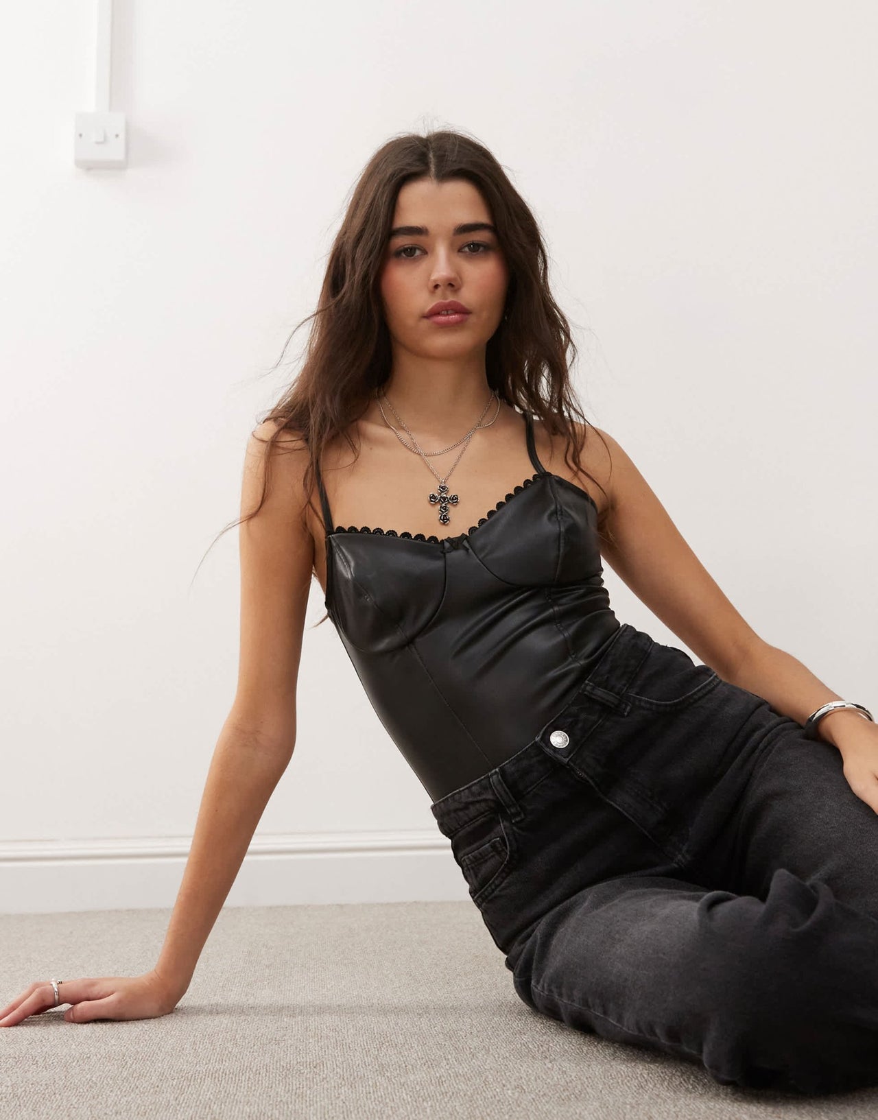 Miss Selfridge faux leather bodysuit with lace trim in black - ASOS Sample Sale