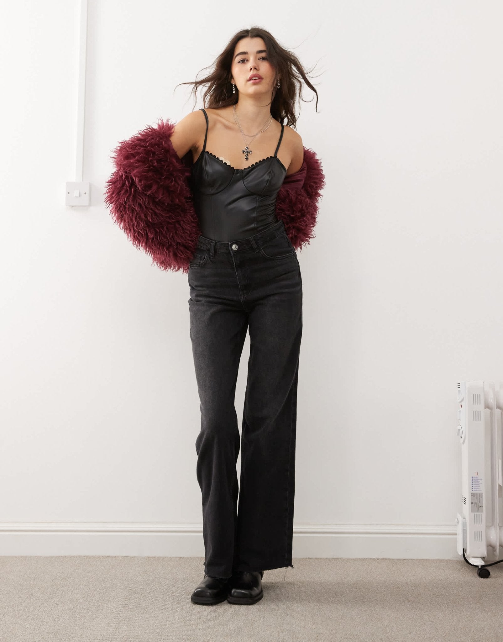 Miss Selfridge faux leather bodysuit with lace trim in black - ASOS Sample Sale