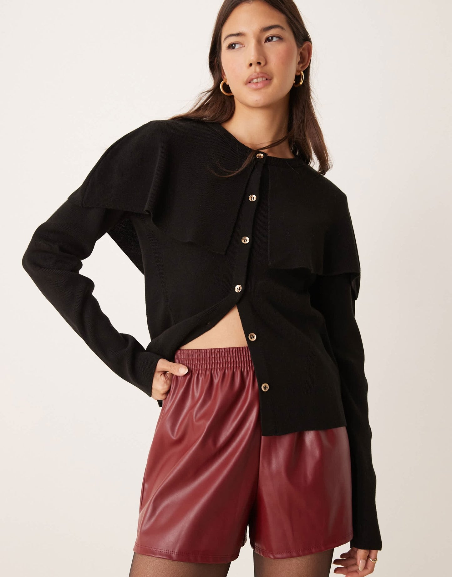 Miss Selfridge faux leather elasticated waist shorts in burgundy - ASOS Sample Sale