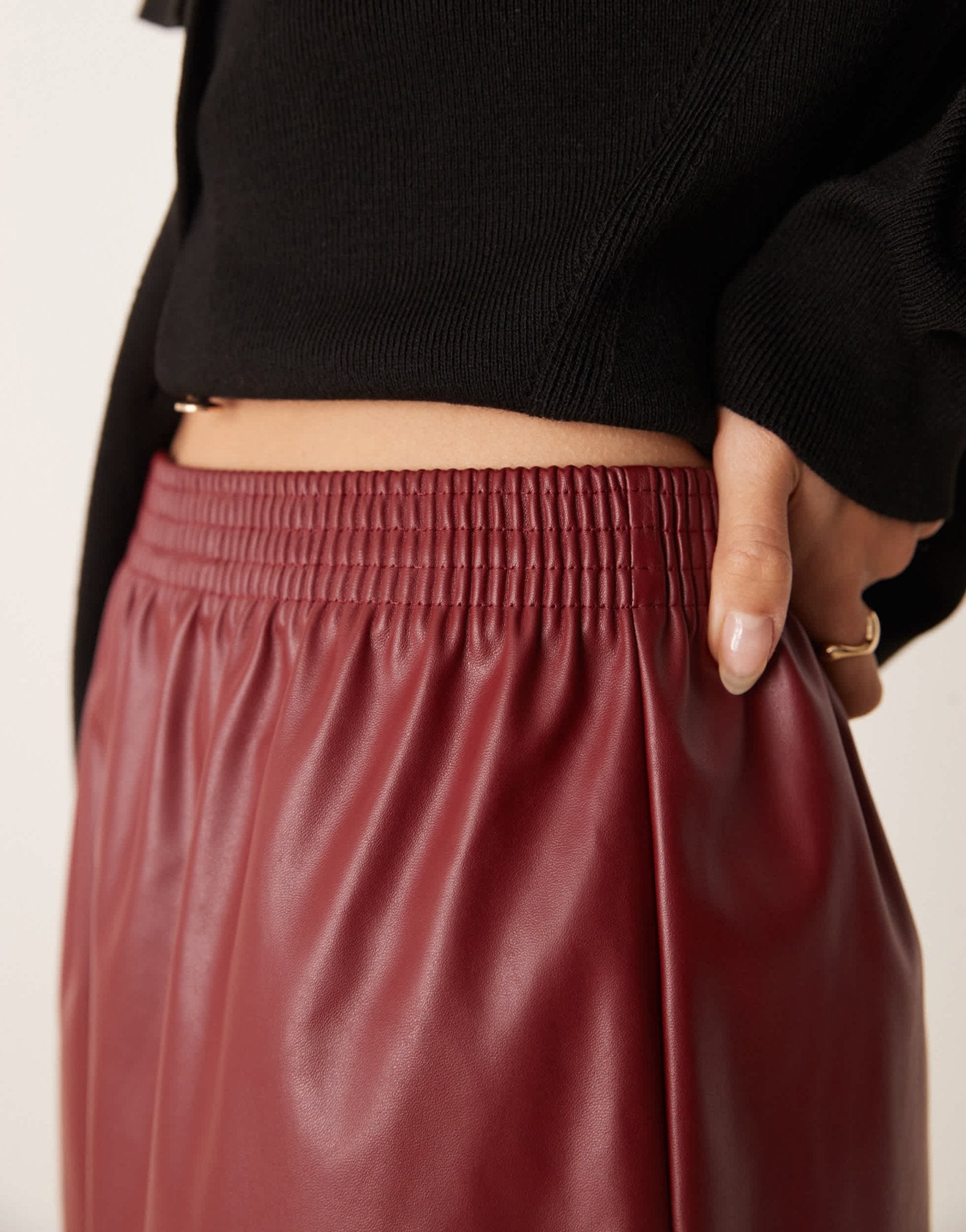 Miss Selfridge faux leather elasticated waist shorts in burgundy - ASOS Sample Sale