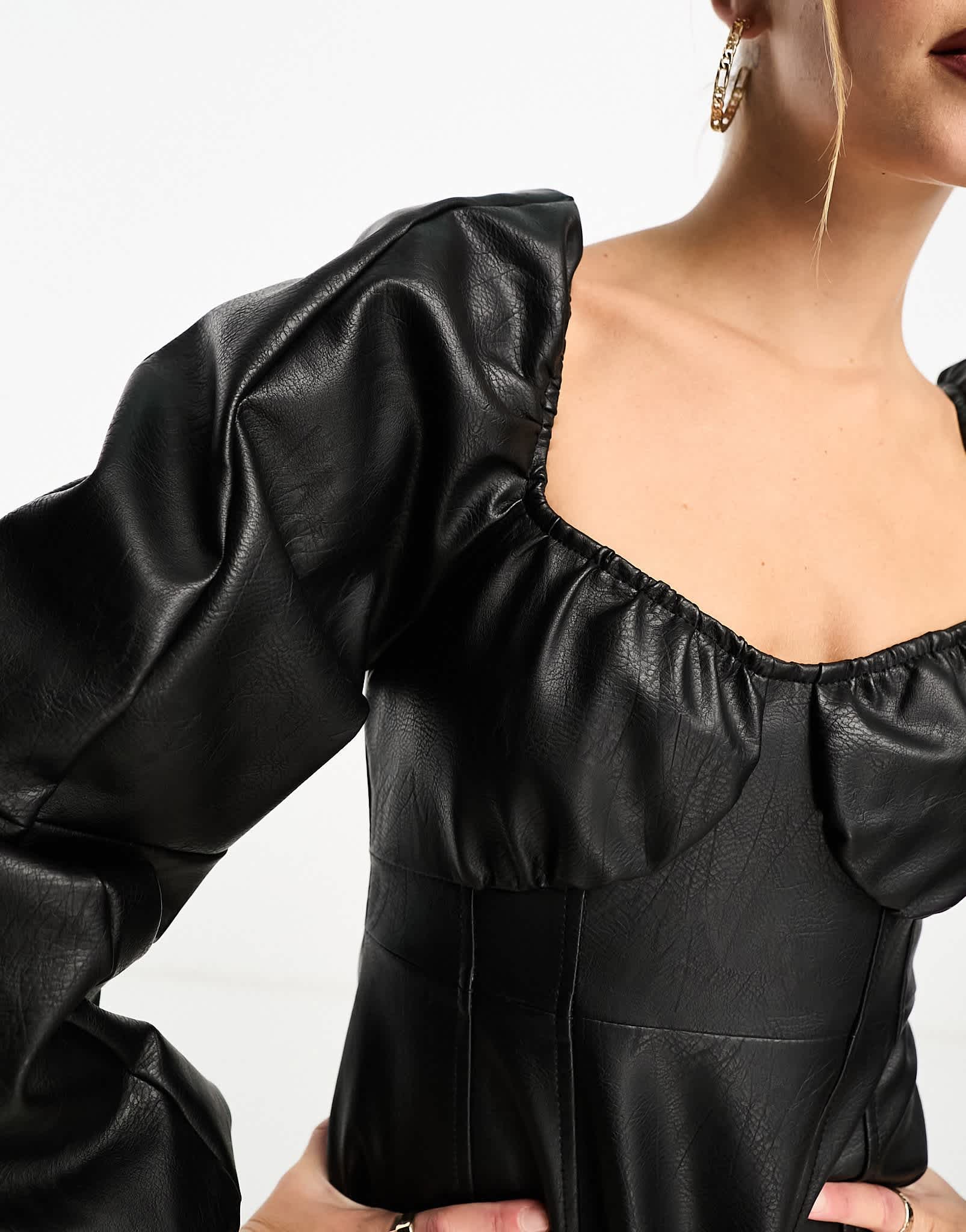 Miss Selfridge faux leather long sleeve corset dress with puff sleeve ASOS Sample Sale Miss Selfridge faux leather long sleeve corset dress with puff sleeve ASOS Sample Sale