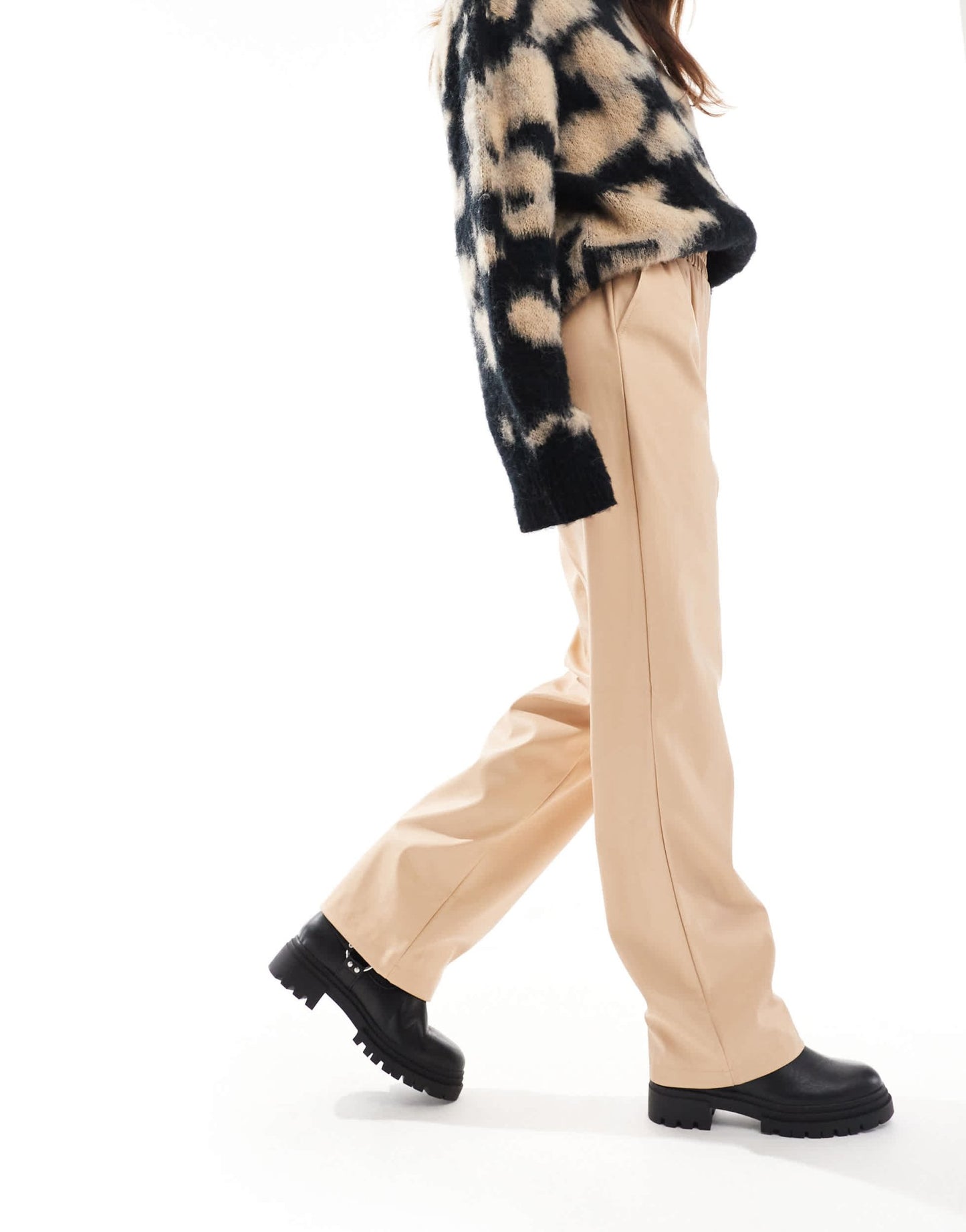 Miss Selfridge faux leather pull on straight leg trouser in neutral - ASOS Sample Sale