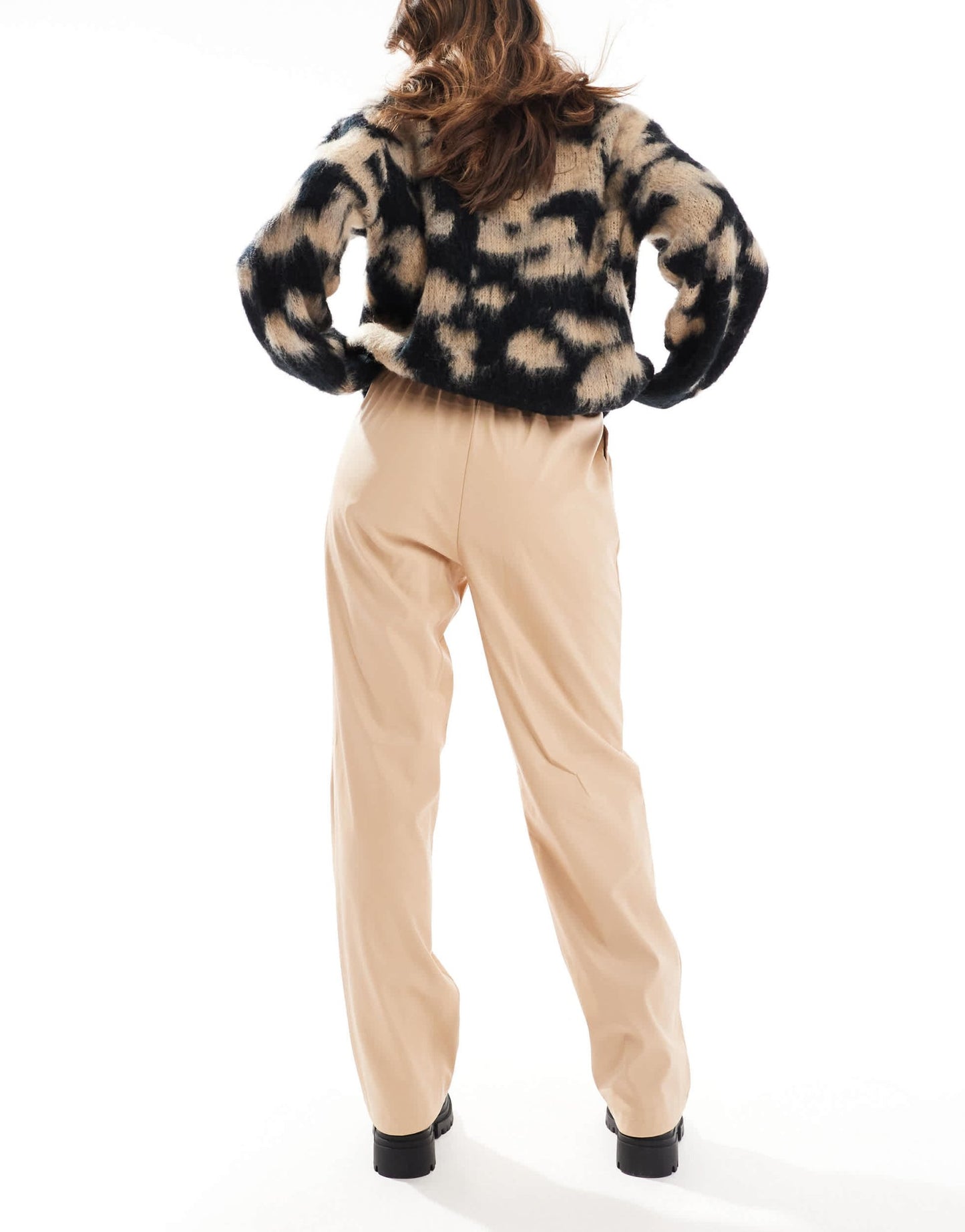 Miss Selfridge faux leather pull on straight leg trouser in neutral - ASOS Sample Sale