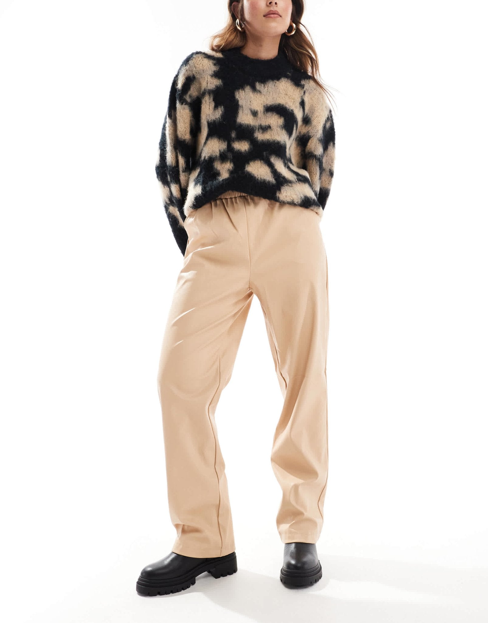 Miss Selfridge faux leather pull on straight leg trouser in neutral - ASOS Sample Sale