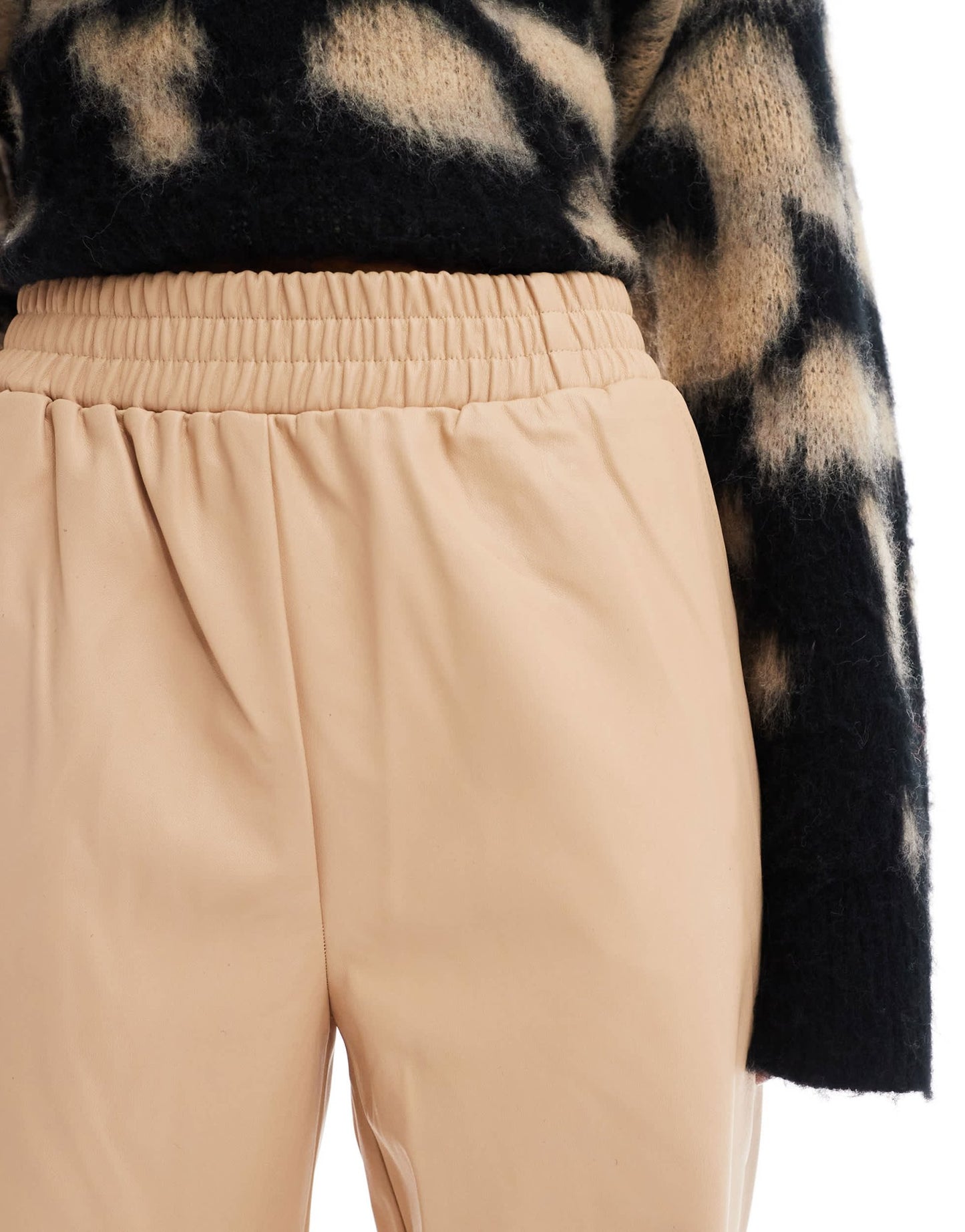 Miss Selfridge faux leather pull on straight leg trouser in neutral - ASOS Sample Sale