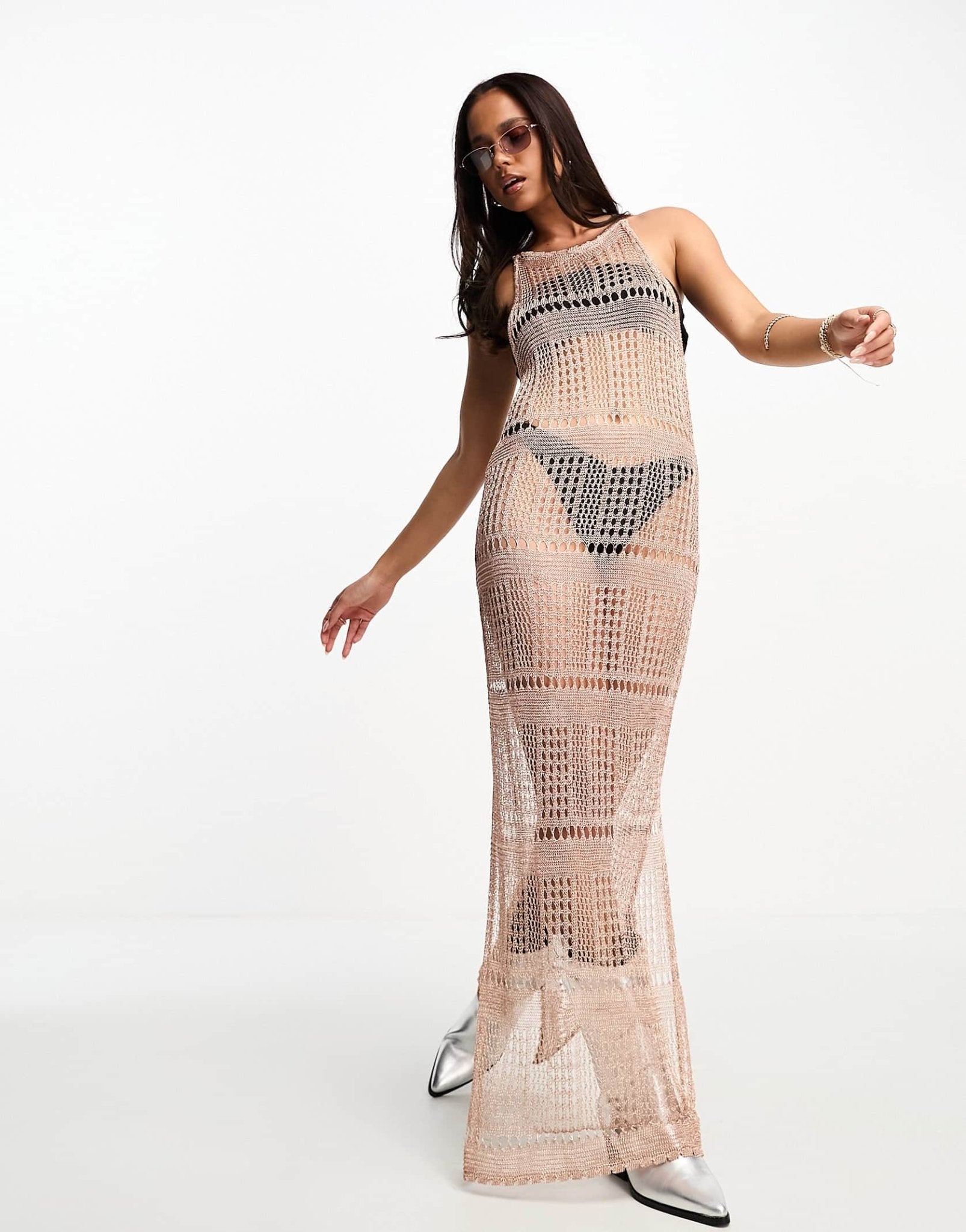 Miss Selfridge festival metallic crochet criss cross back maxi dress in bronze - ASOS Sample Sale