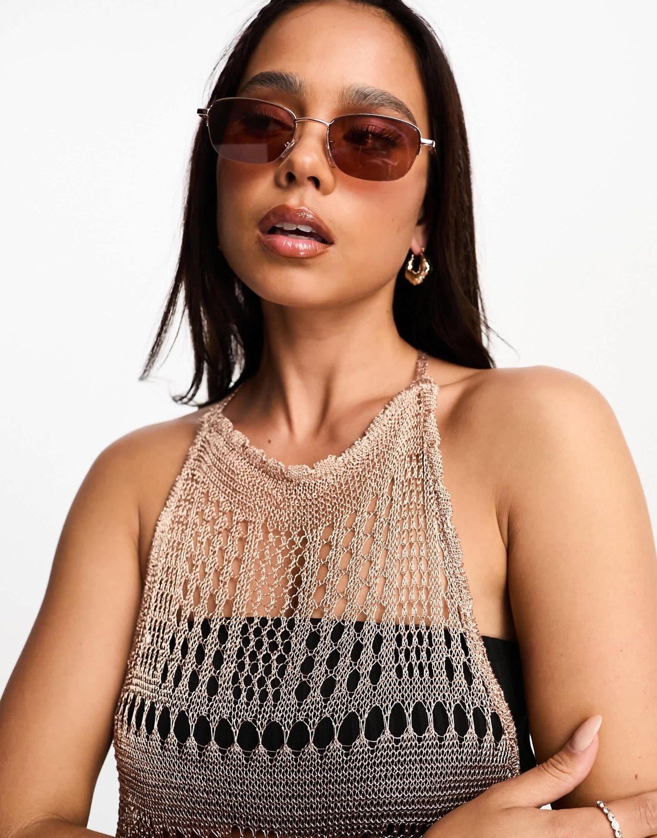 Miss Selfridge festival metallic crochet criss cross back maxi dress in bronze - ASOS Sample Sale