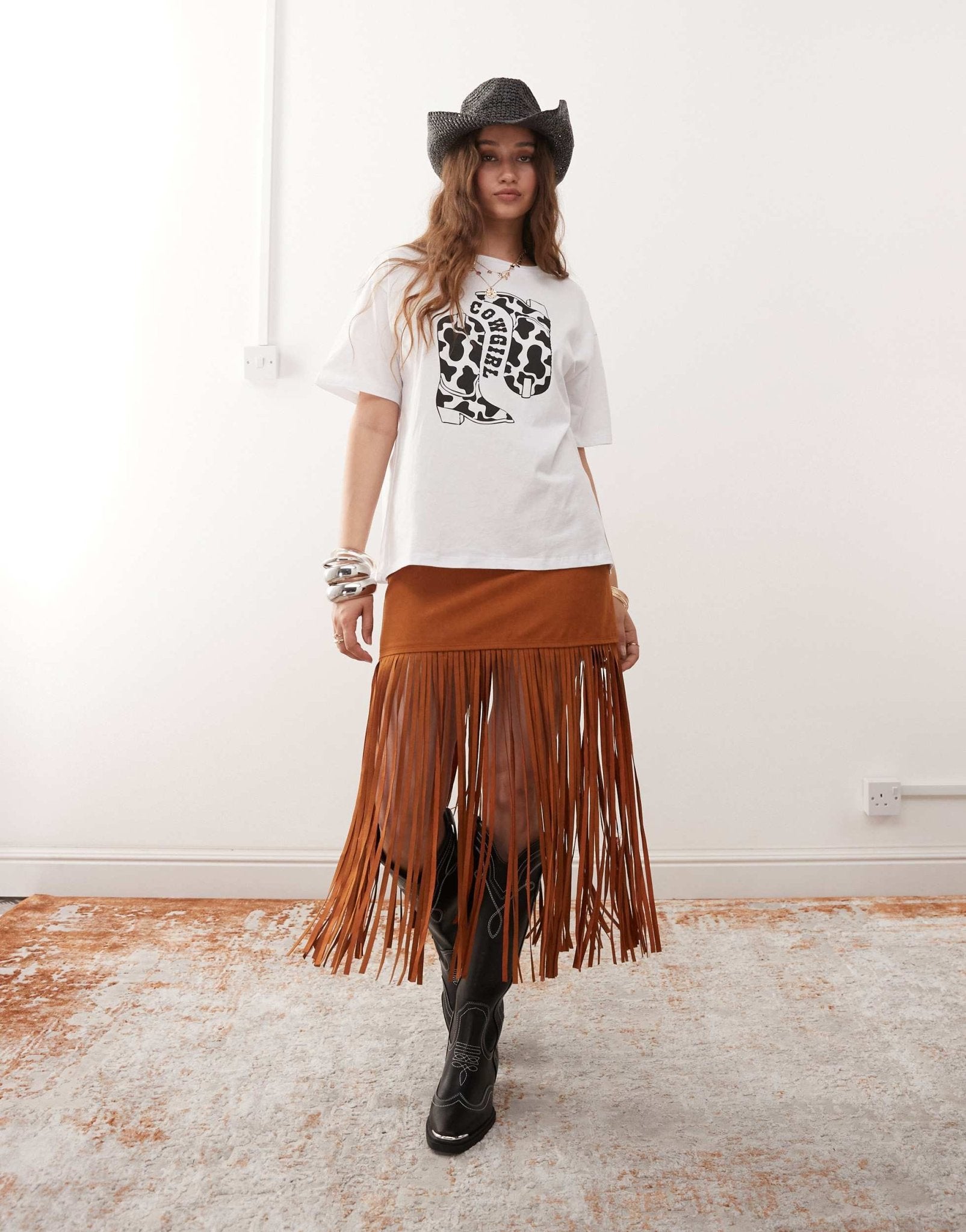 Miss Selfridge festival suedette fringe skirt in tan - ASOS Sample Sale