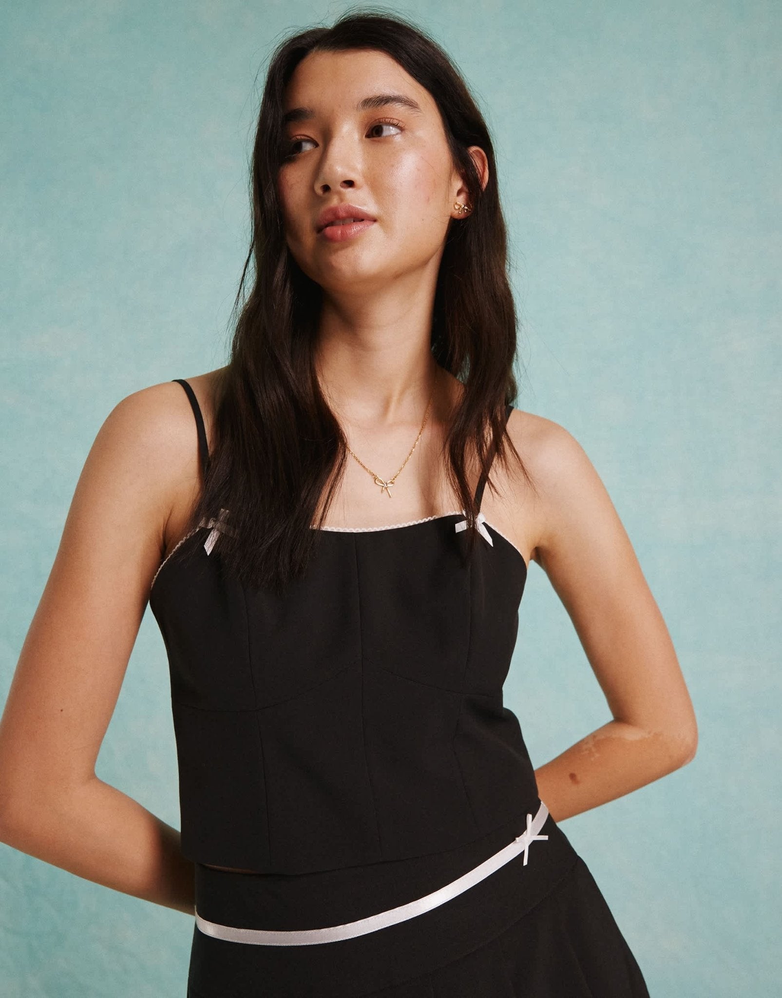 Miss Selfridge fitted bow detail corset top in black - ASOS Sample Sale