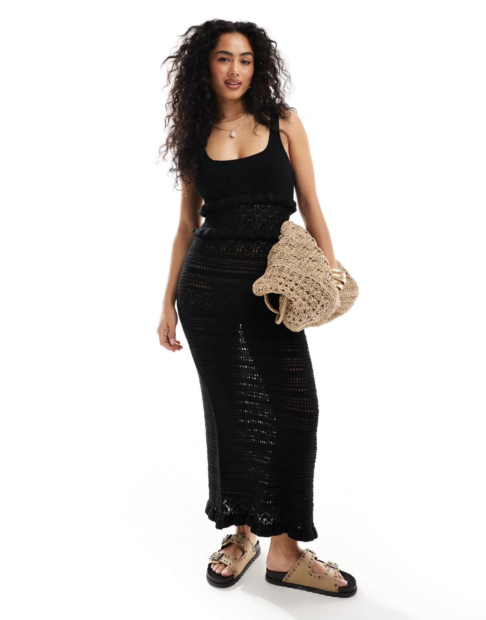 Miss Selfridge frill crochet maxi dress in black - ASOS Sample Sale