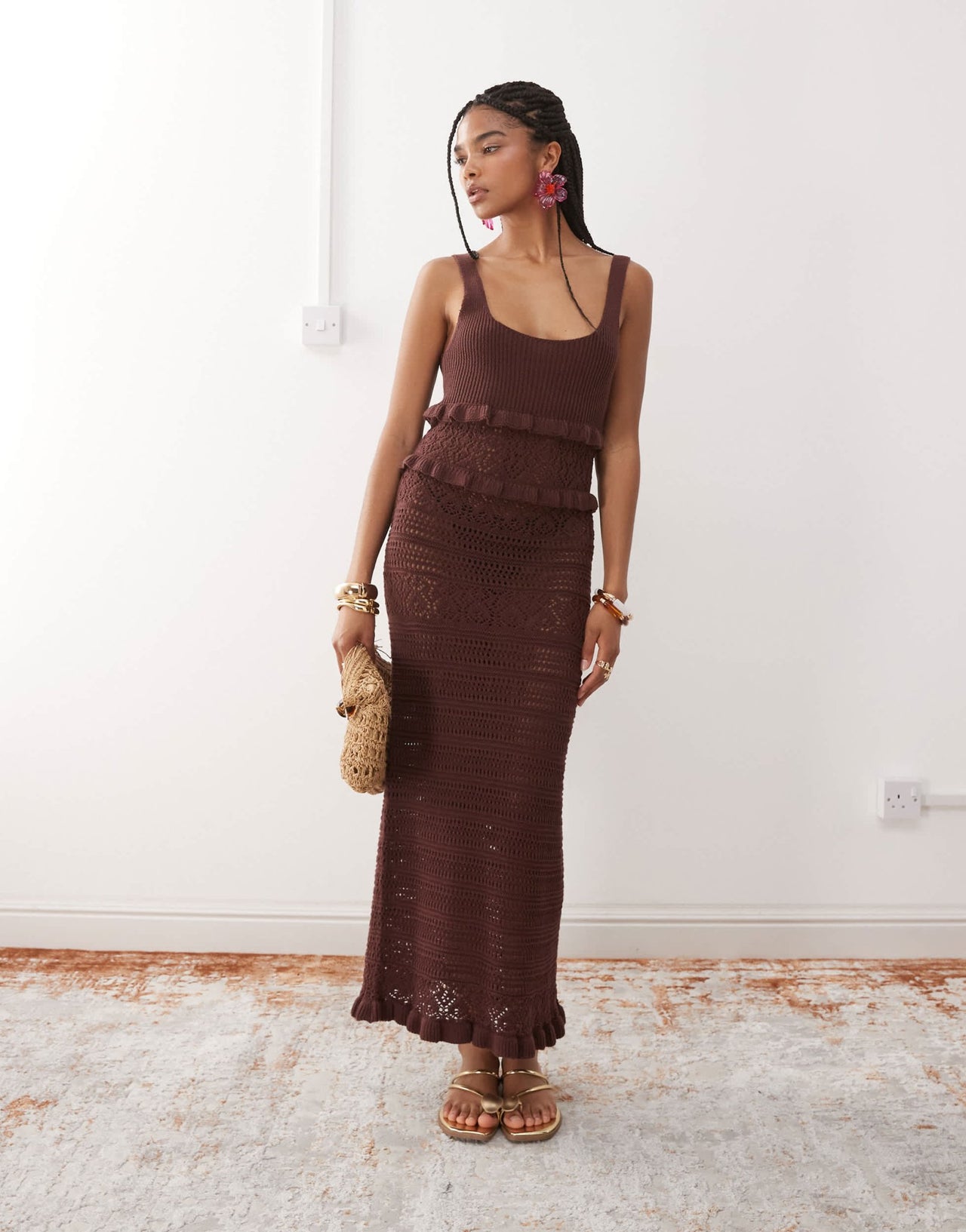 Miss Selfridge frill crochet maxi dress in chocolate - ASOS Sample Sale