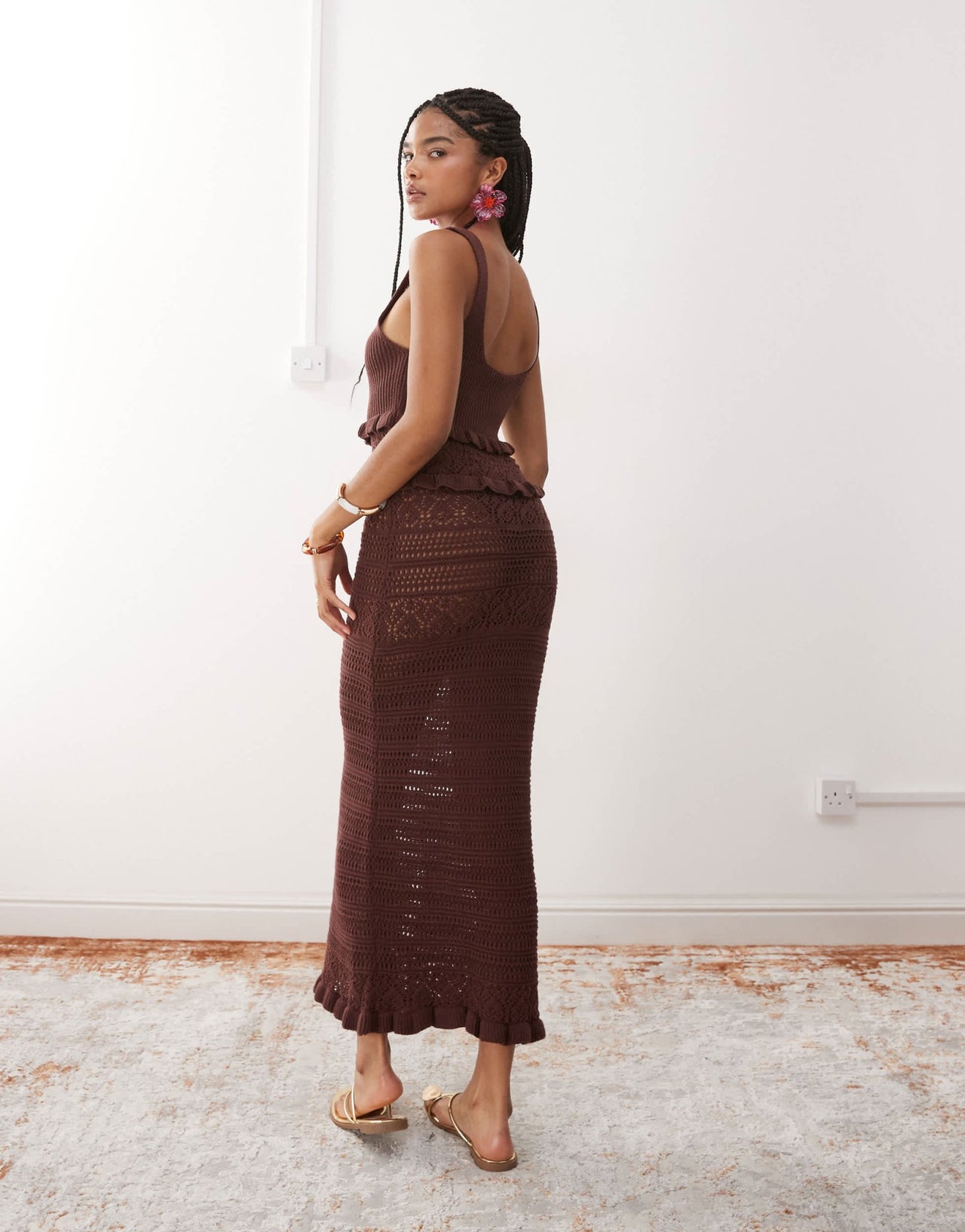 Miss Selfridge frill crochet maxi dress in chocolate - ASOS Sample Sale