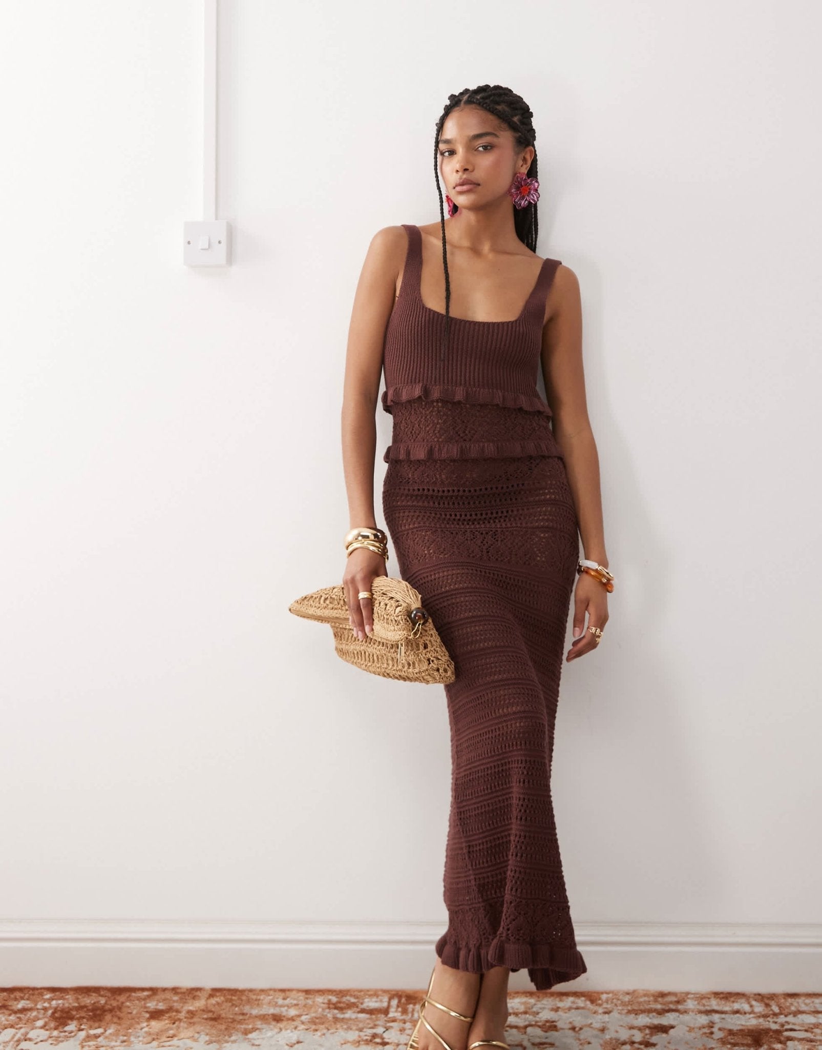 Miss Selfridge frill crochet maxi dress in chocolate - ASOS Sample Sale