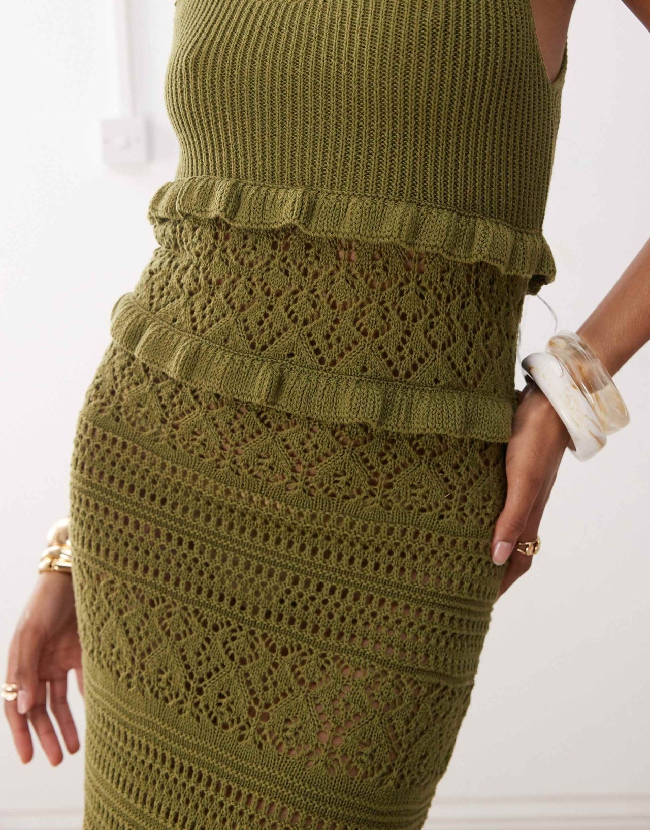 Miss Selfridge frill crochet maxi dress in khaki - ASOS Sample Sale