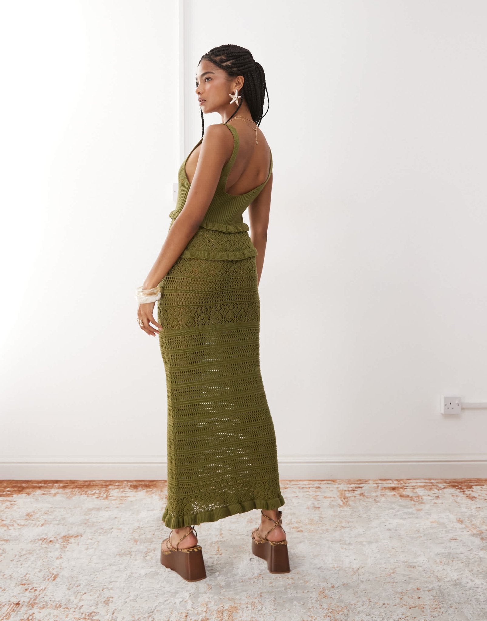 Miss Selfridge frill crochet maxi dress in khaki - ASOS Sample Sale
