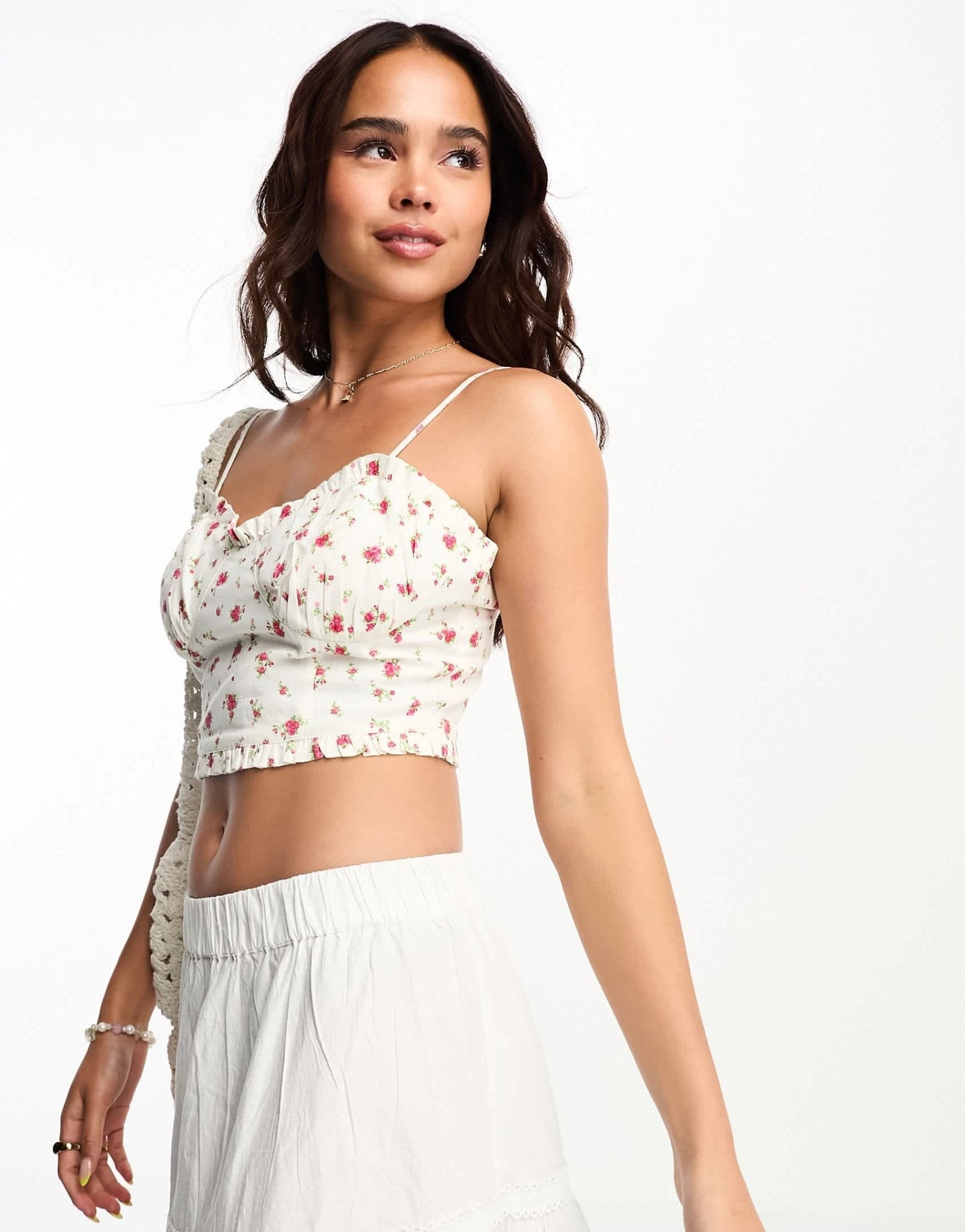 Miss Selfridge frill hem cami corset top in rose print - ASOS Sample Sale