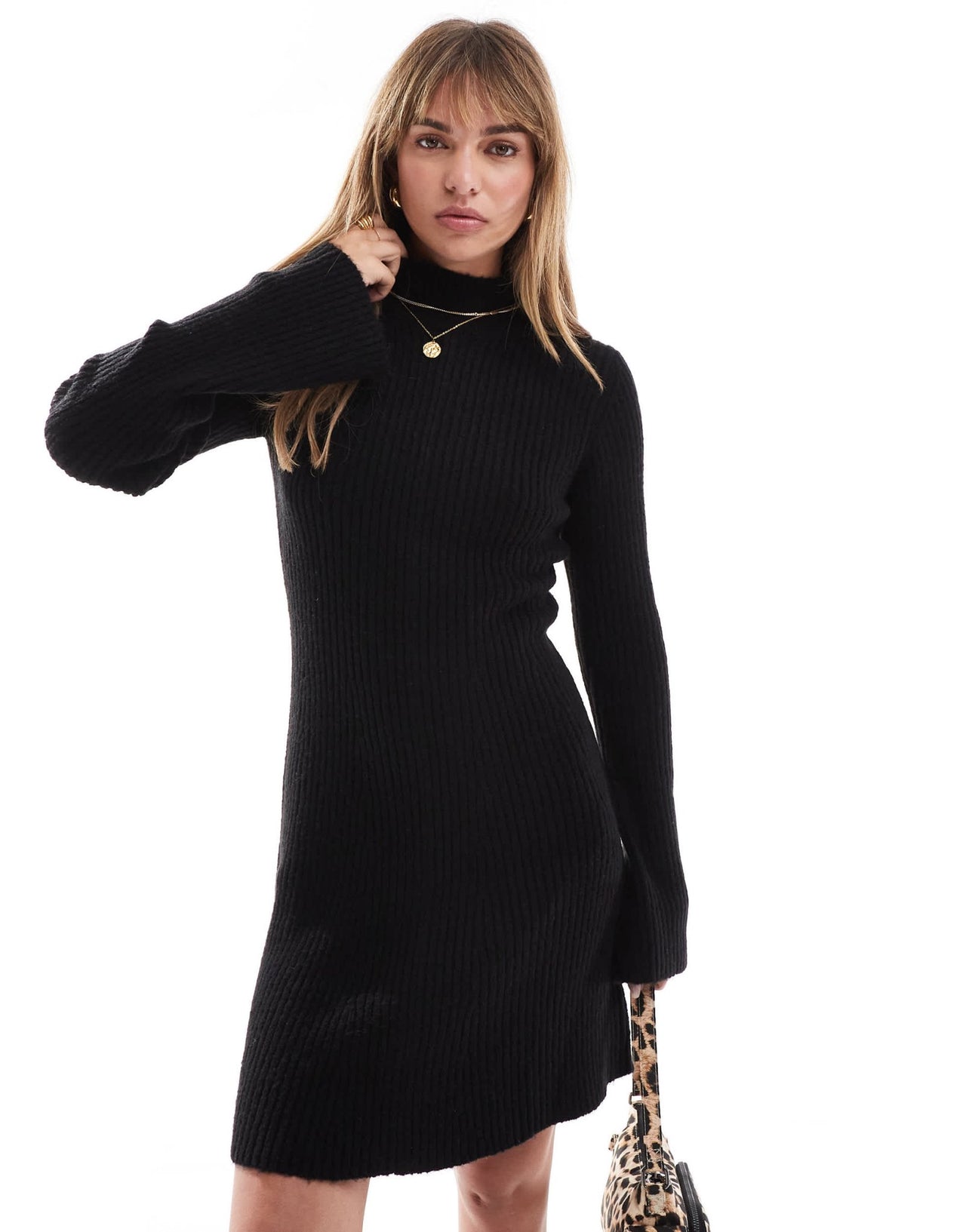 Miss Selfridge funnel neck knit swing mini dress in black - ASOS Sample Sale