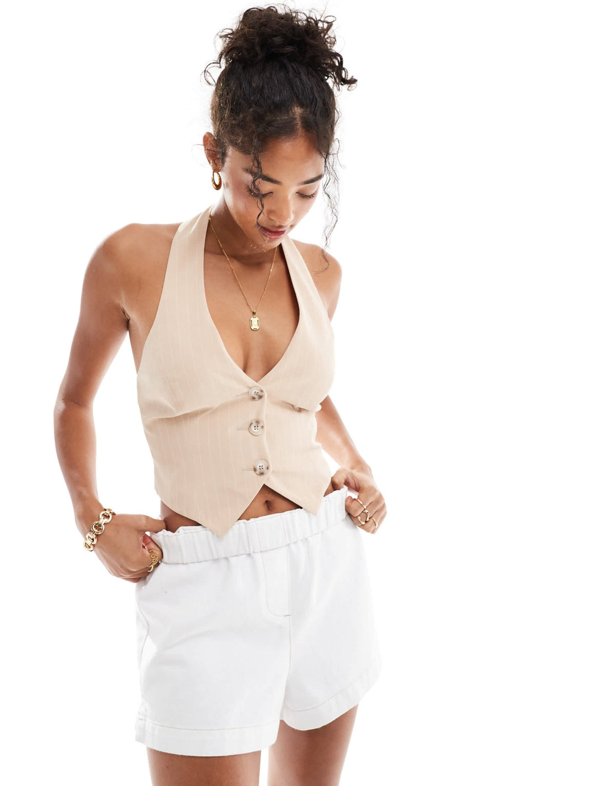 Miss Selfridge halter waistcoat in beige pinstripe - ASOS Sample Sale