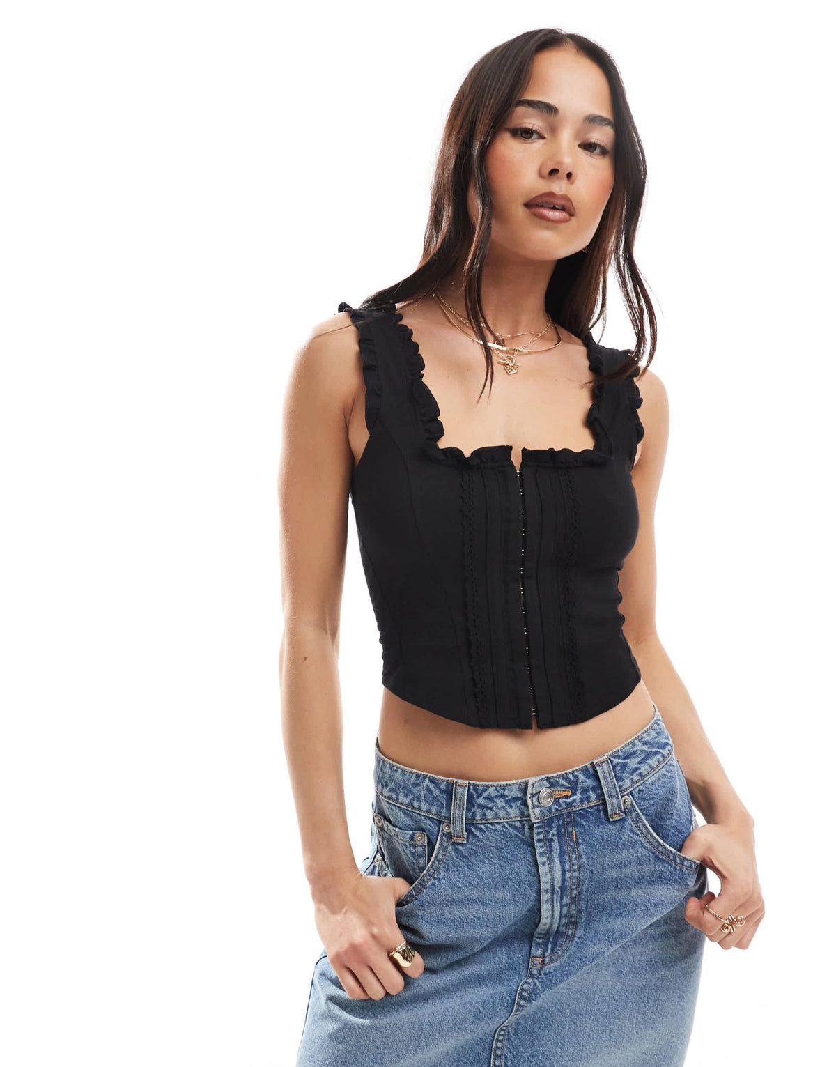 Miss Selfridge hook and eye detail corset top in black - ASOS Sample Sale