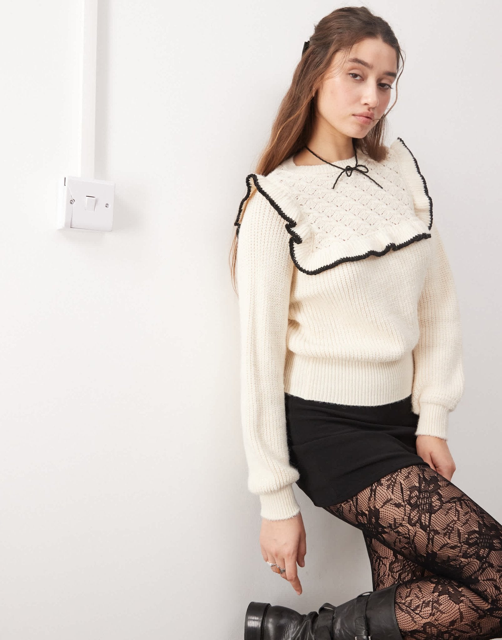 Miss Selfridge jumper with frill detail in cream - ASOS Sample Sale
