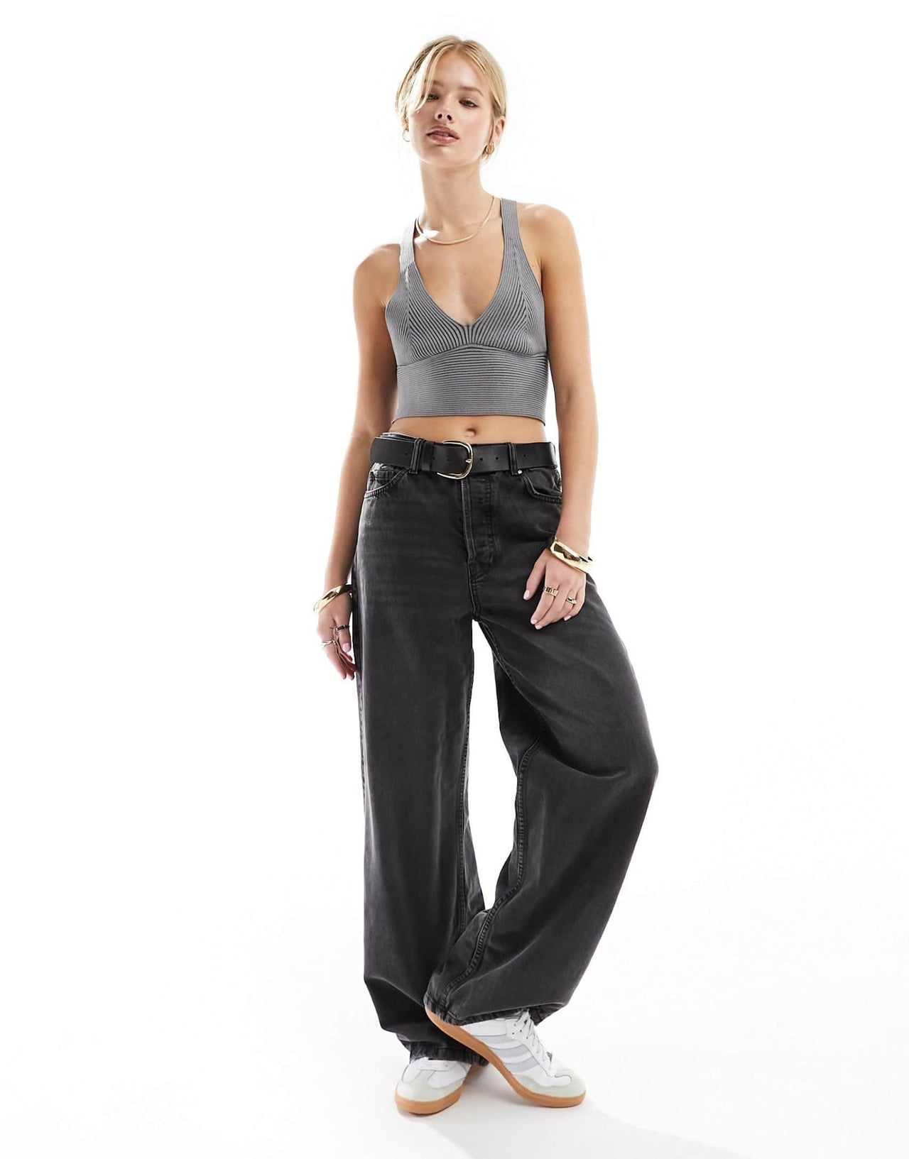 Miss Selfridge knit plated rib halterneck crop top in black - ASOS Sample Sale