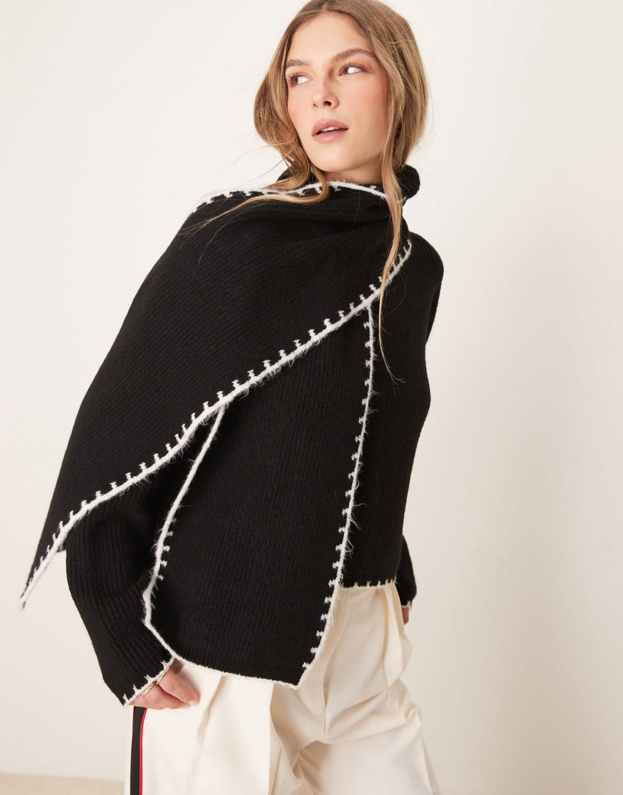 Miss Selfridge knitted blanket stitch jumper with scarf in black - ASOS Sample Sale