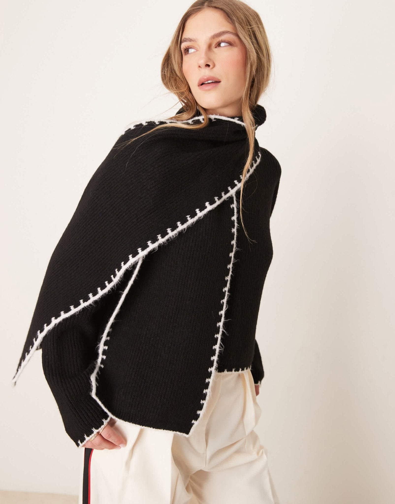 Miss Selfridge knitted blanket stitch jumper with scarf in black - ASOS Sample Sale