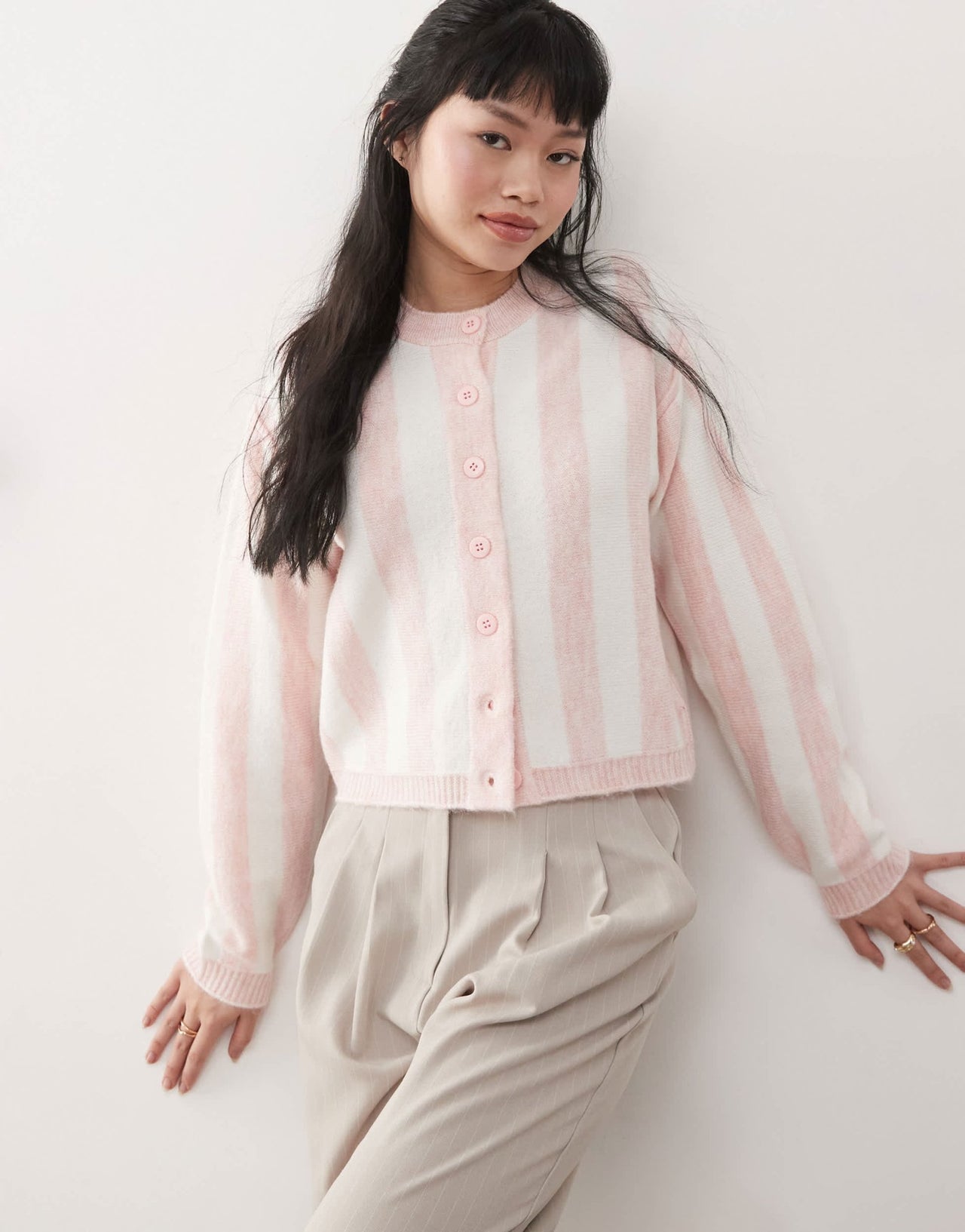 Miss Selfridge knitted cardigan in pink stripe - ASOS Sample Sale
