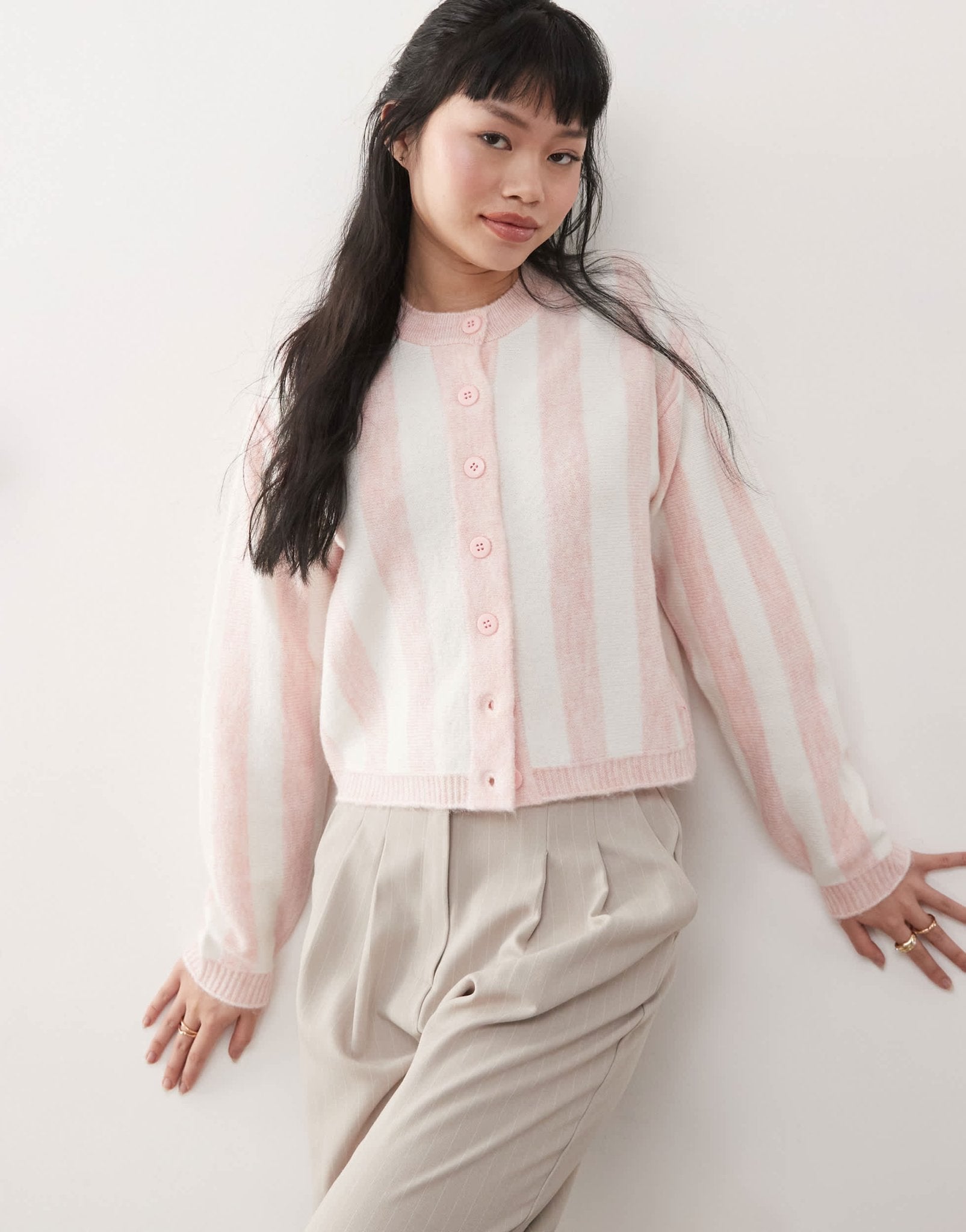 Miss Selfridge knitted cardigan in pink stripe - ASOS Sample Sale