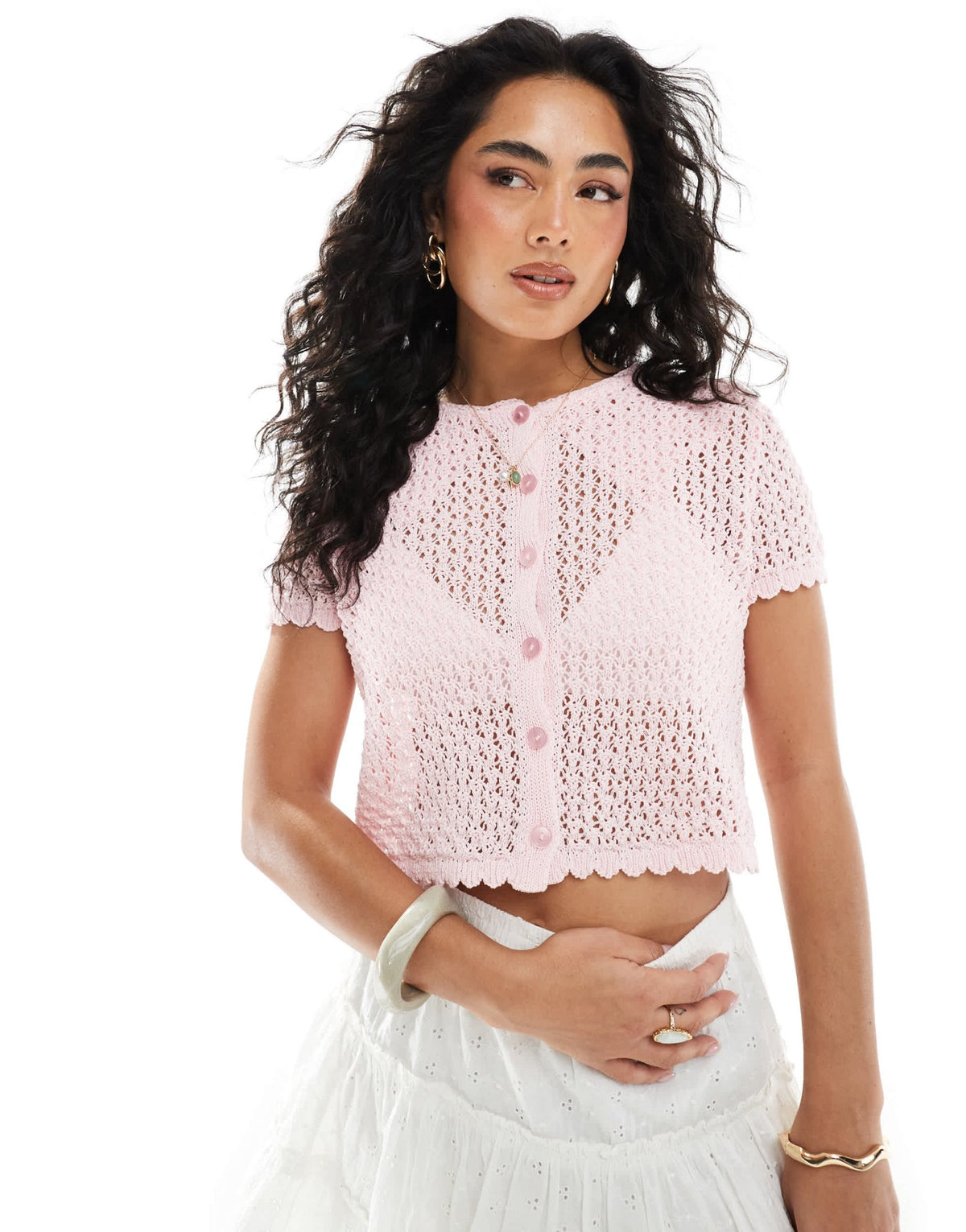 Miss Selfridge knitted pointelle short sleeve cardigan in pink - ASOS Sample Sale