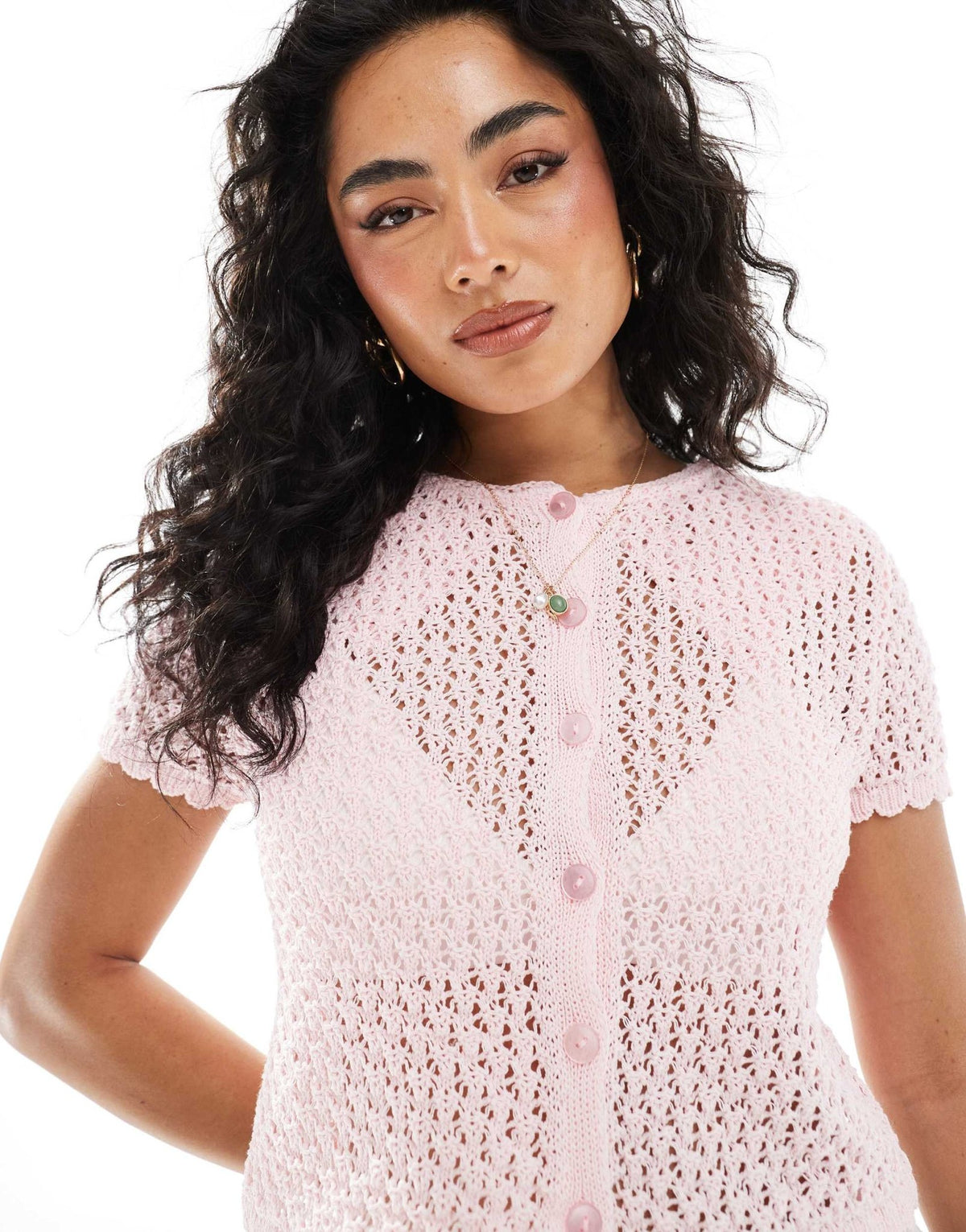 Miss Selfridge knitted pointelle short sleeve cardigan in pink - ASOS Sample Sale