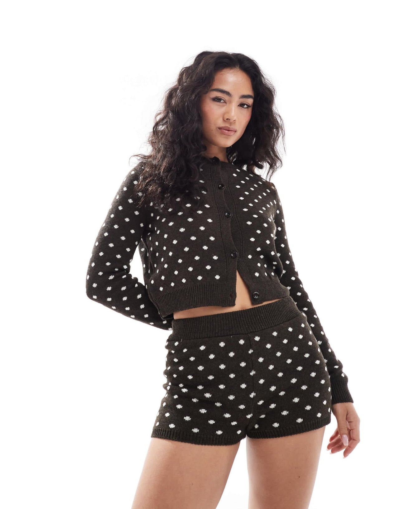 Miss Selfridge knitted polka dot booty short co ord in brown - ASOS Sample Sale