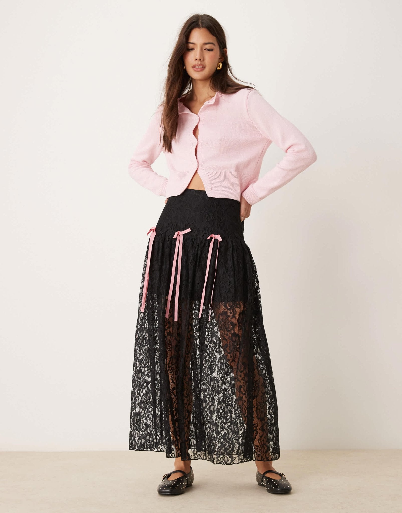 Miss Selfridge lace bow detail tiered maxi skirt in black - ASOS Sample Sale