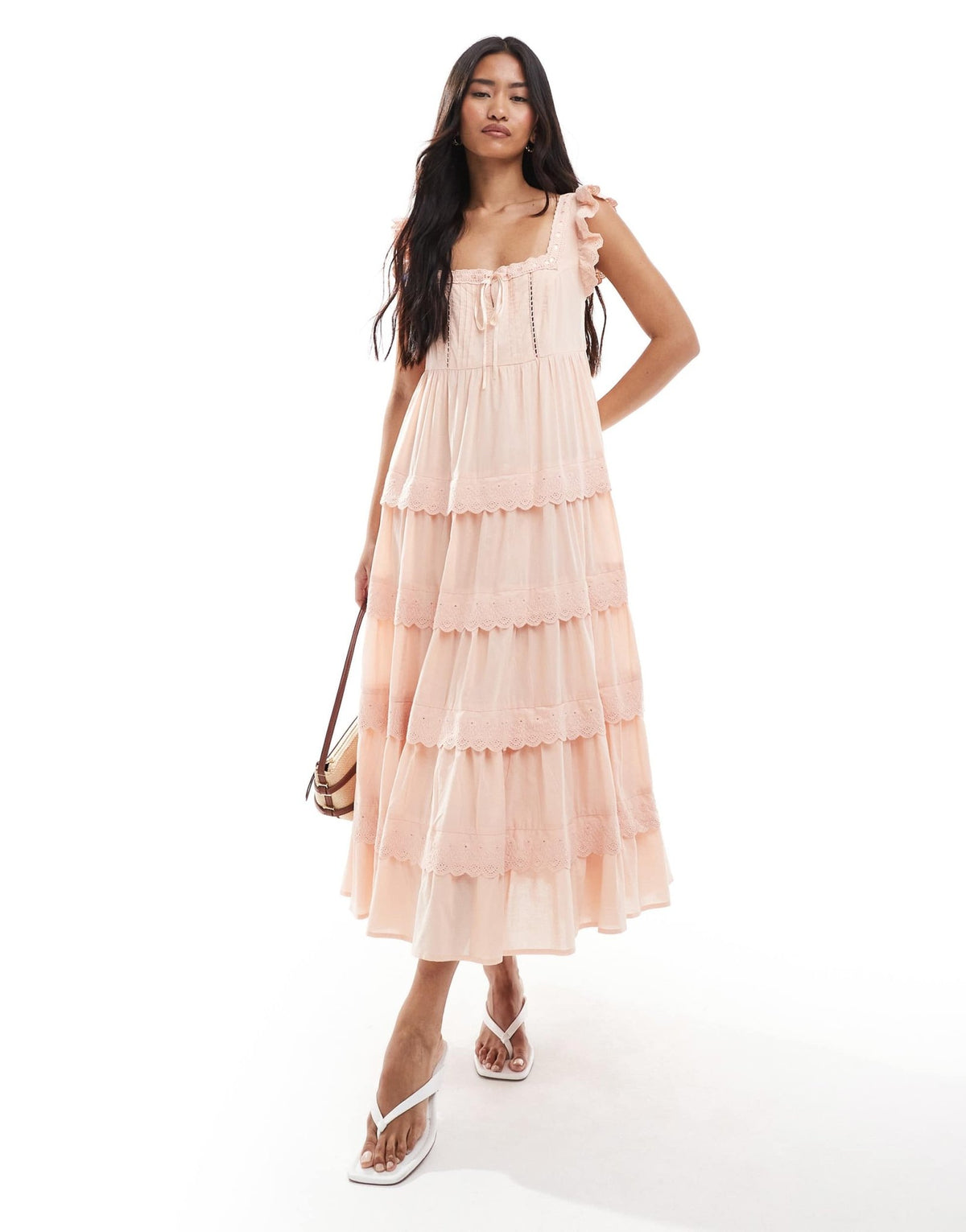 Miss Selfridge lace broderie trim babydoll maxi dress in peach - ASOS Sample Sale