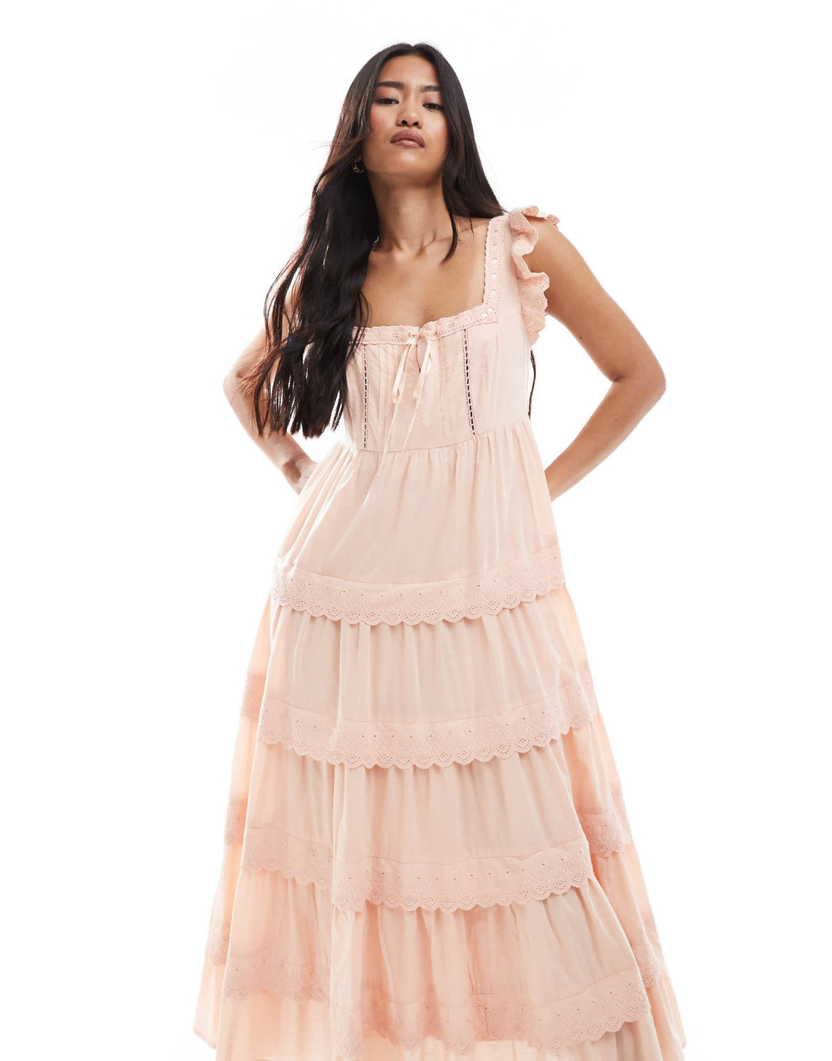 Miss Selfridge lace broderie trim babydoll maxi dress in peach - ASOS Sample Sale