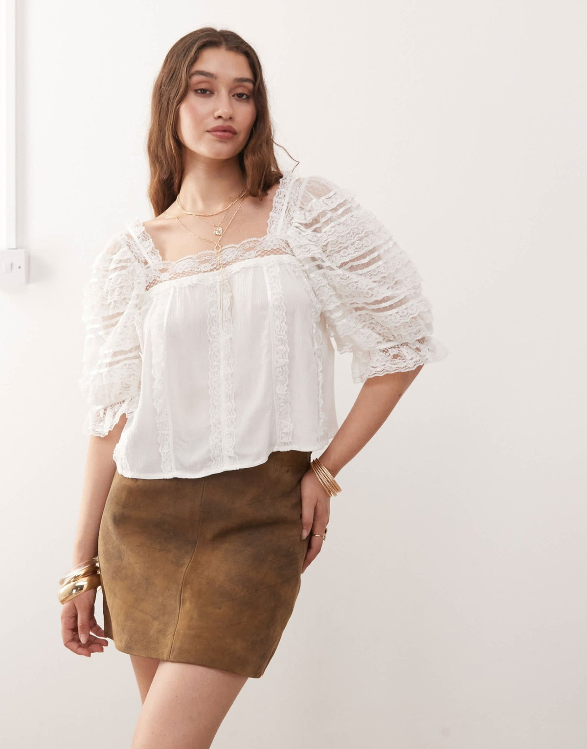 Miss Selfridge lace crochet mix blouse in cream - ASOS Sample Sale