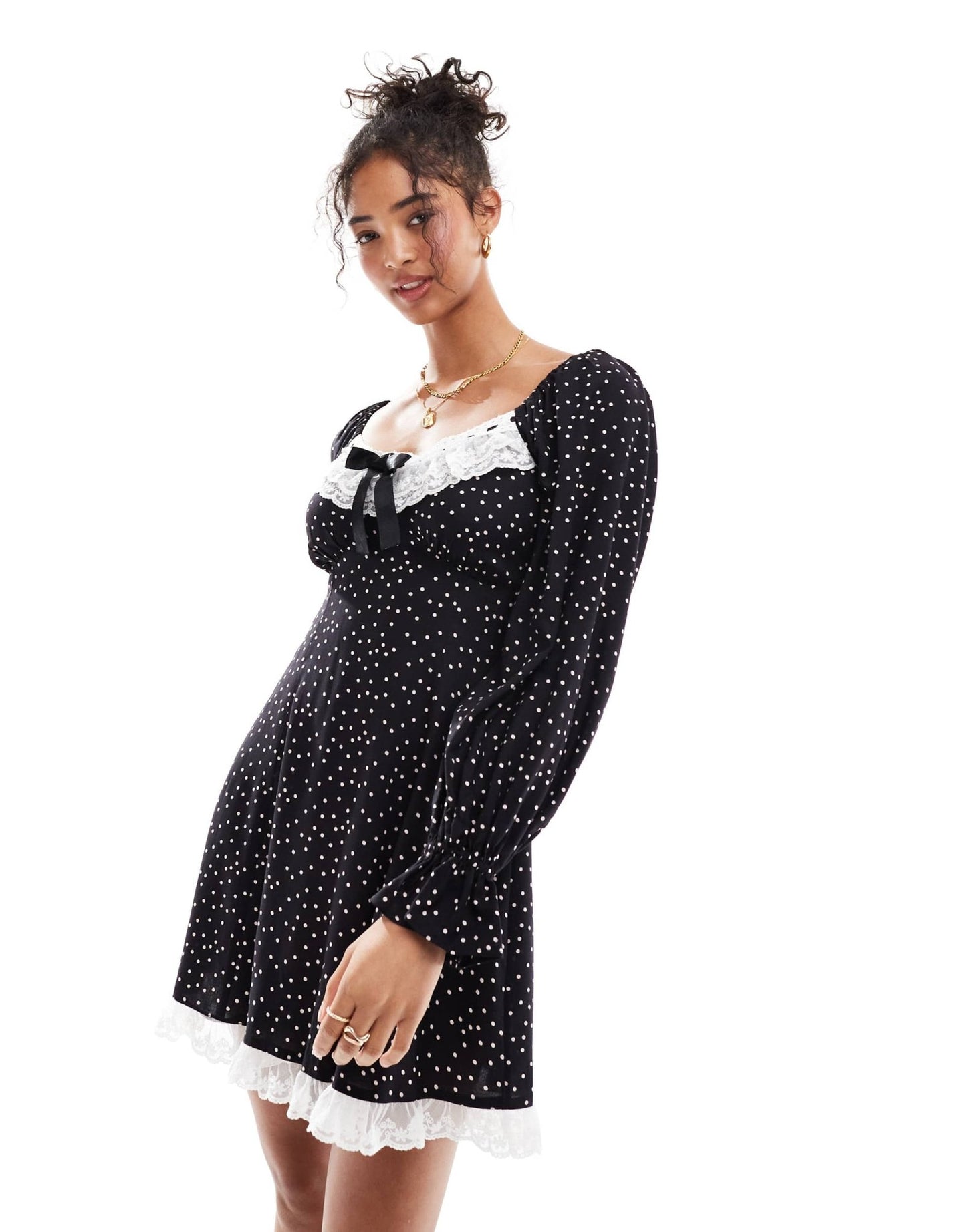 Miss Selfridge lace trim bow detail mini tea dress in polka dot - ASOS Sample Sale