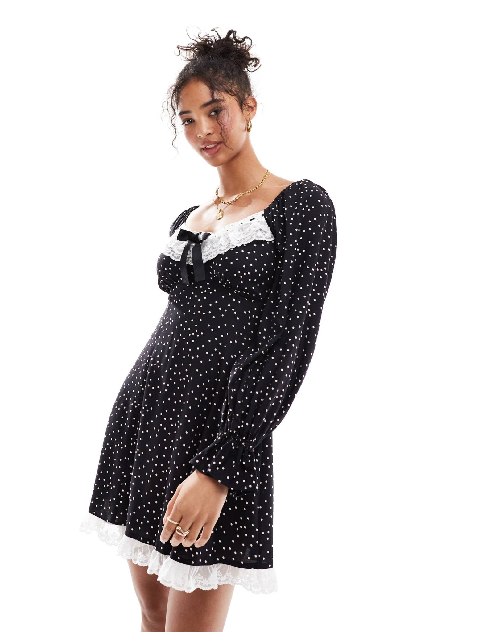 Miss Selfridge lace trim bow detail mini tea dress in polka dot - ASOS Sample Sale