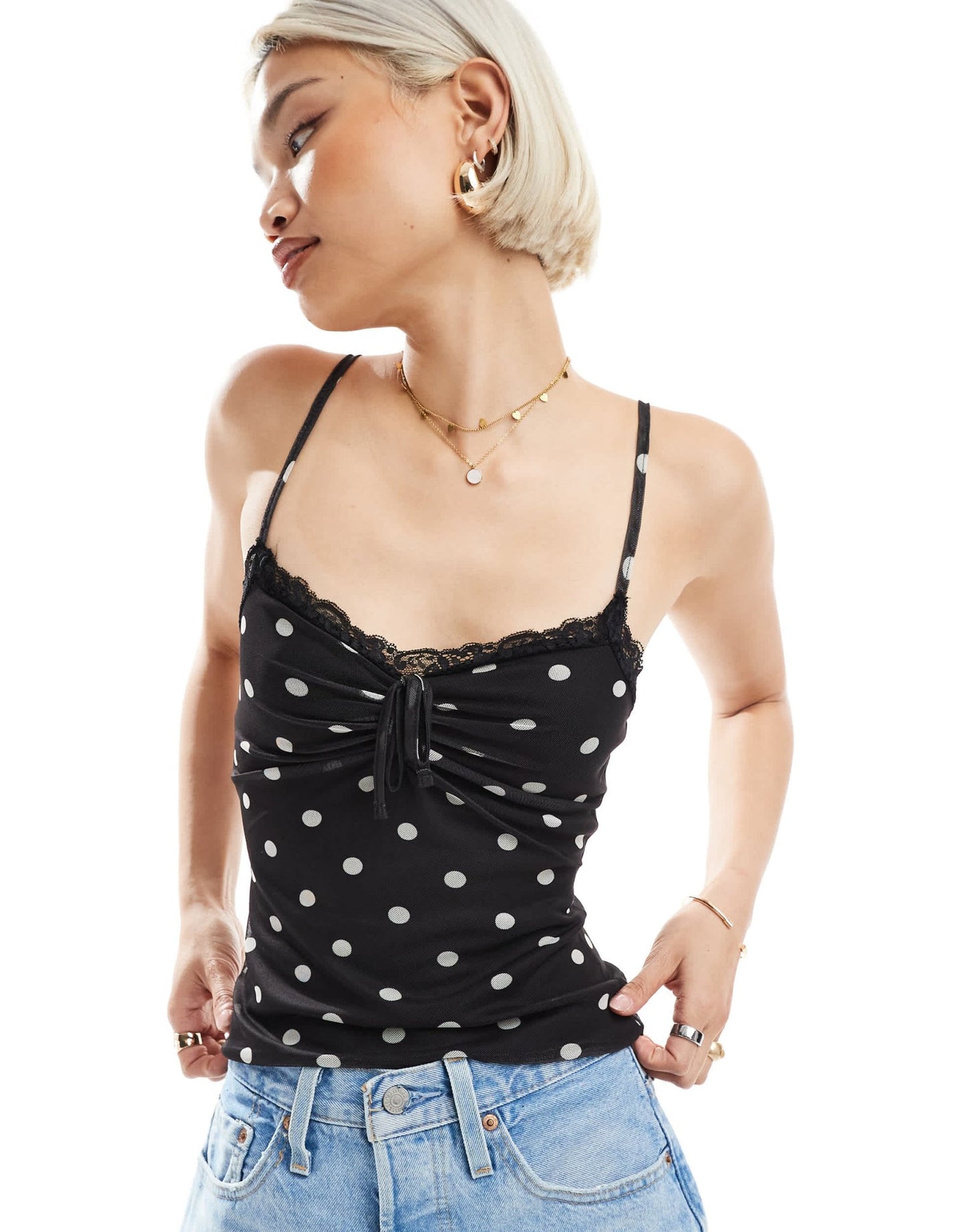 Miss Selfridge lace trim cami in polka dot - ASOS Sample Sale
