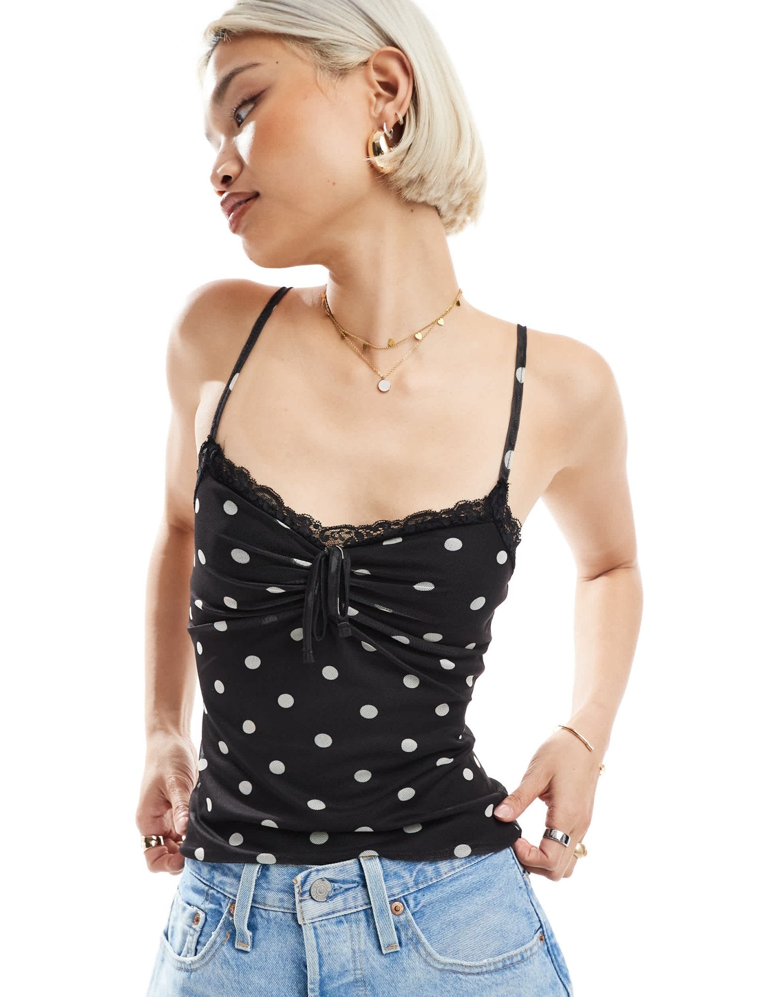 Miss Selfridge lace trim cami in polka dot - ASOS Sample Sale