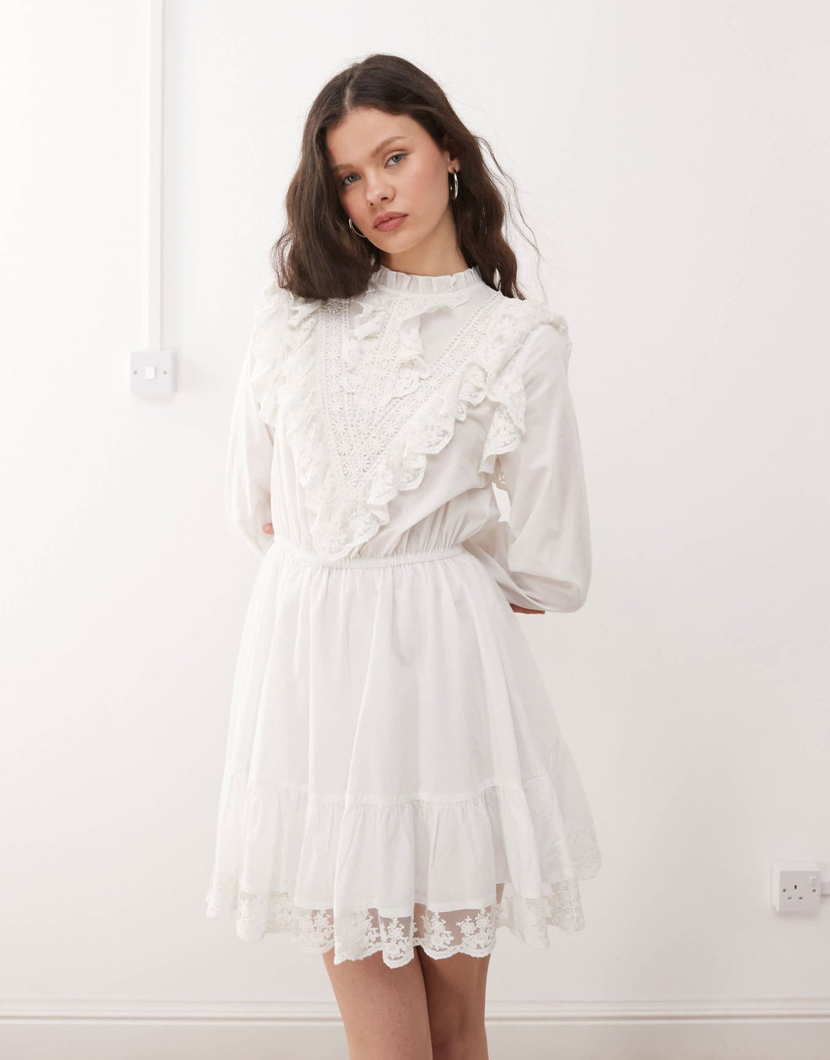 Miss Selfridge lace trim heritage woven mini dress in white - ASOS Sample Sale