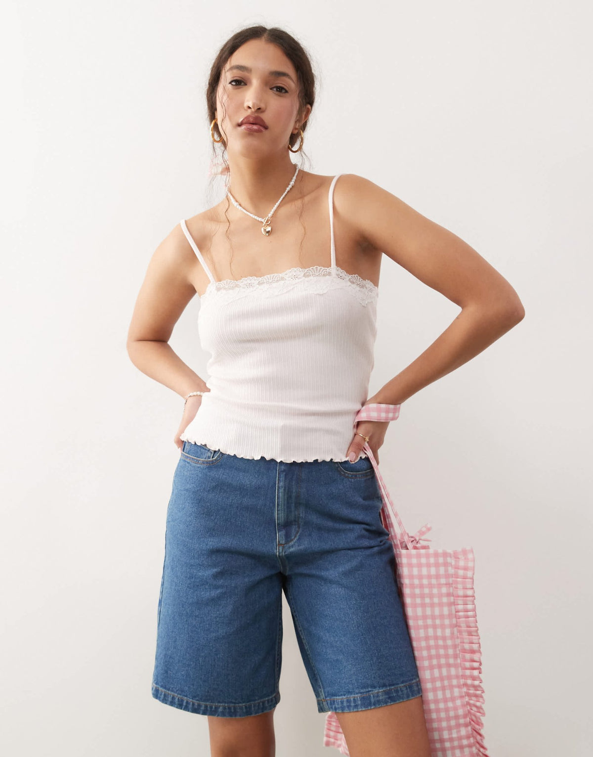 Miss Selfridge lace trim rib cami top in pale pink - ASOS Sample Sale