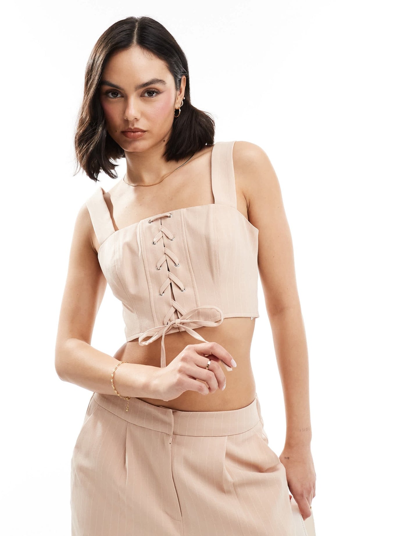 Miss Selfridge lace up corset crop top co ord in pink pinstripe - ASOS Sample Sale